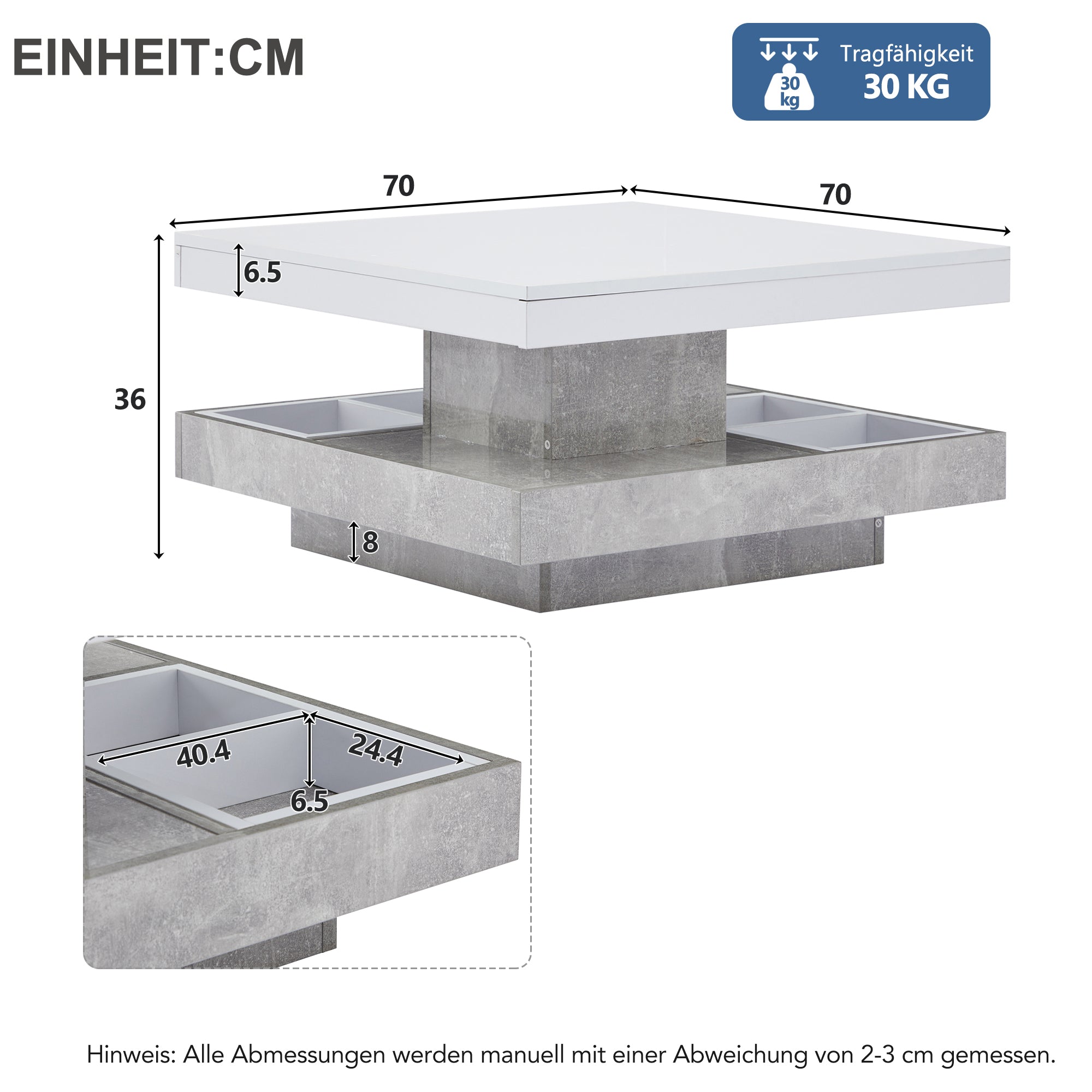 Logidon 360 graden draaibare salontafel 70x70x36 cm wit hoogglans