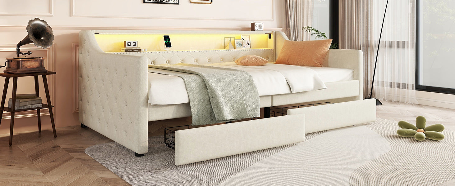 Logidon Daybed 90x200 beige slaapbank met lattenbodem USB-oplaadaansluiting