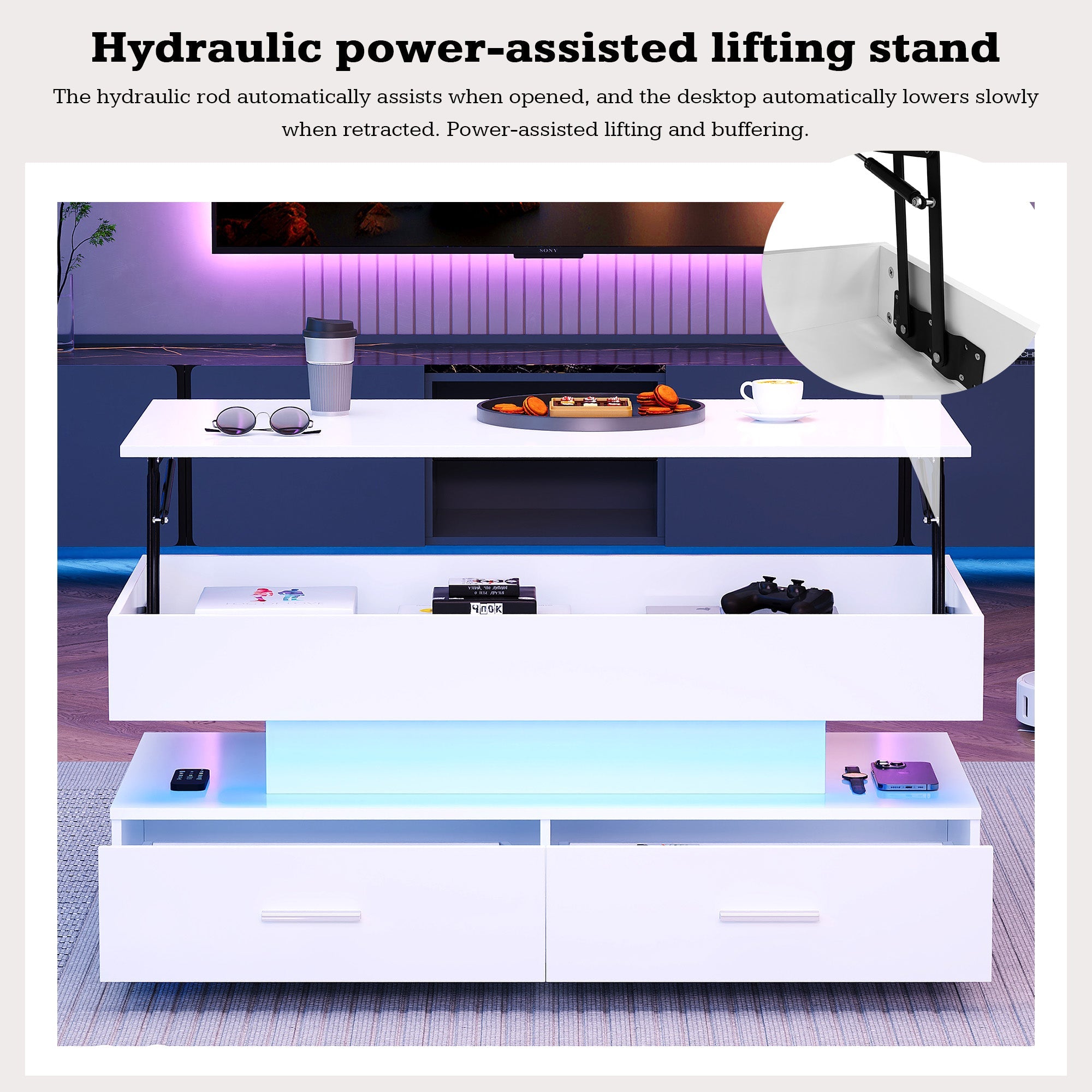 Logidon Hydraulisch in hoogte verstelbare salontafel 100x50x44 cm Wit LED