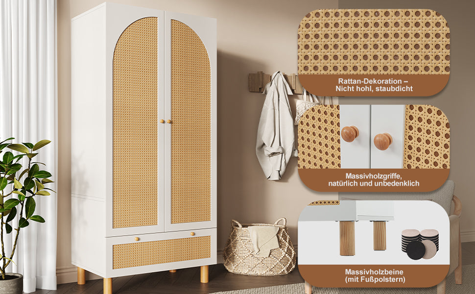 Logidon kledingkast wit met rotan deuren 180x85x52 cm landelijke stijl