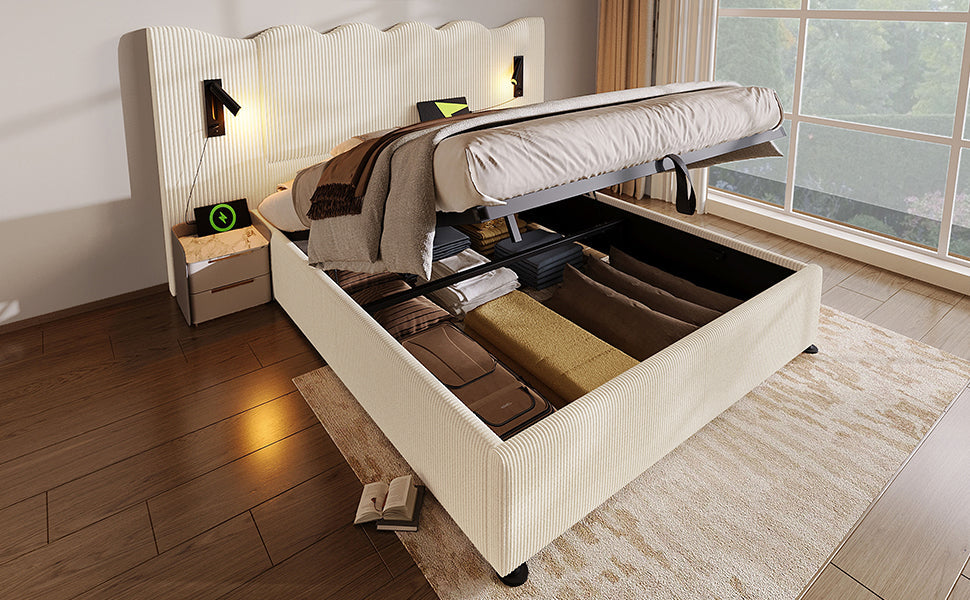 Logidon upholstered bed 160x200 beige with reading lamp USB charging function