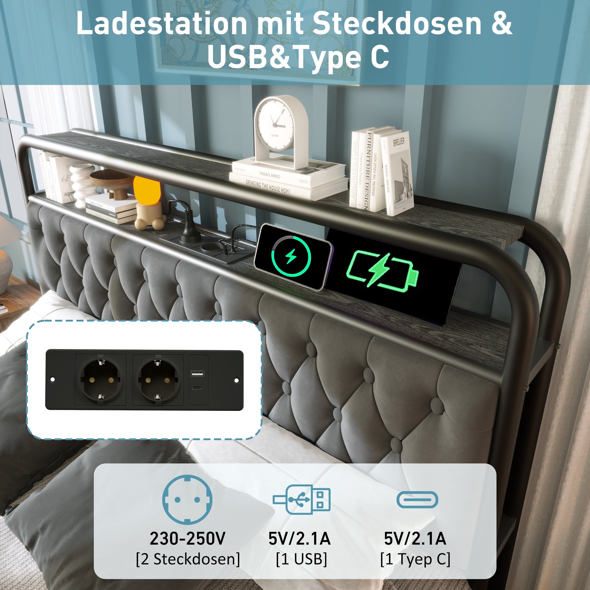 Logidon gestoffeerd bed 160x200 grijs USB-C oplaadfunctie LED-bediening