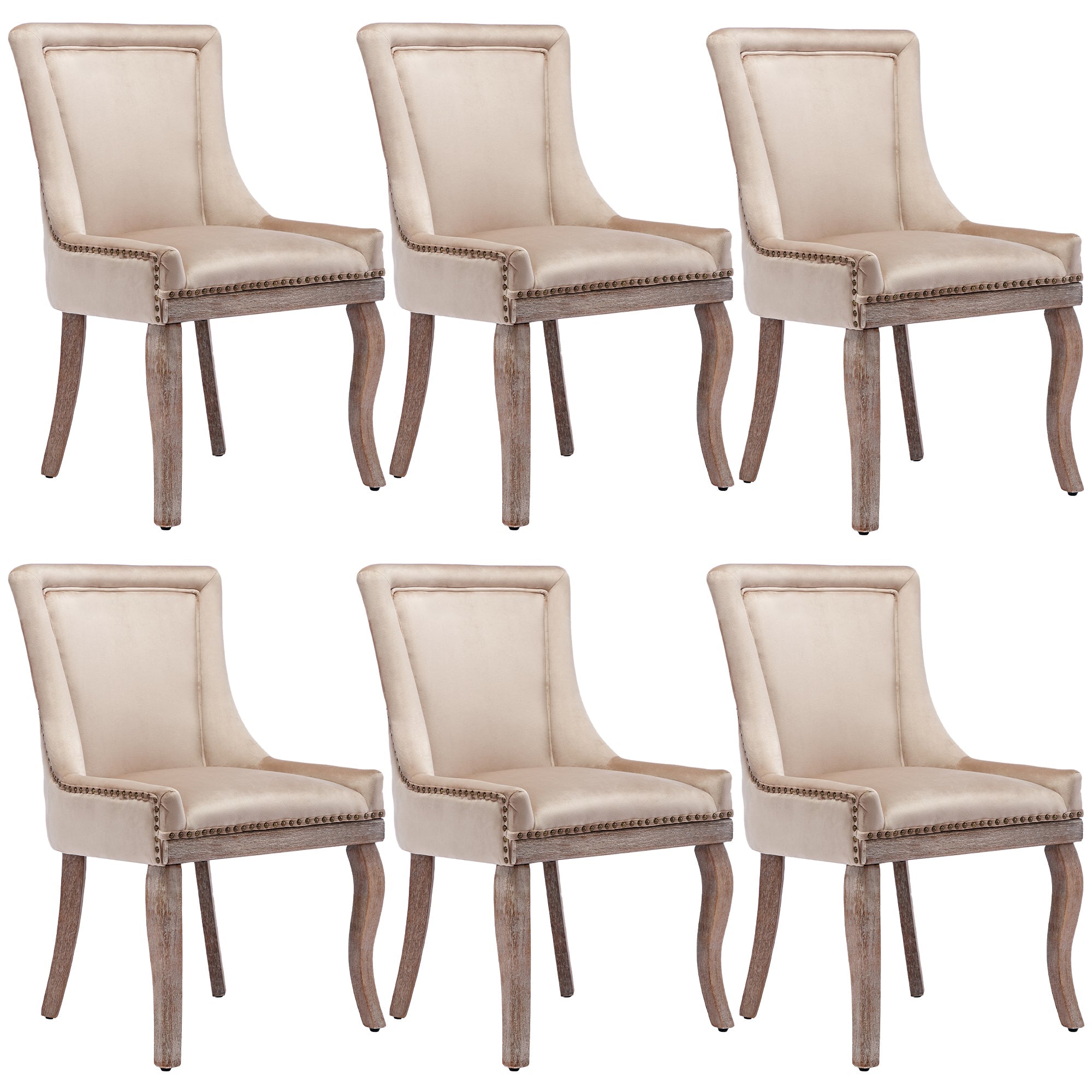 Logidon luxe fluwelen eetkamerstoelen set van 6 met beige spijkerkopafwerking