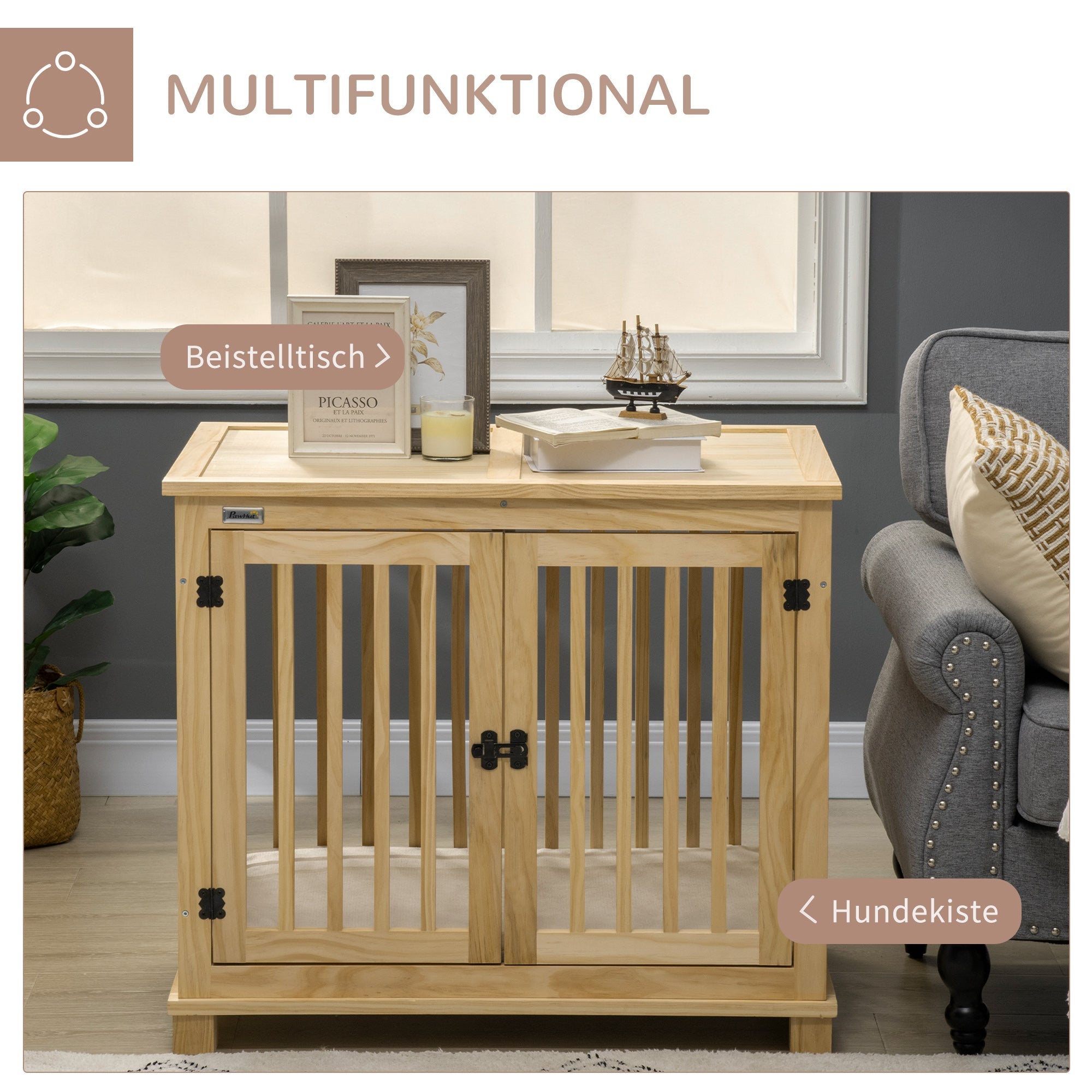 Logidon hondenkooi naturel hout crème wit 82,5×57×72 cm met kussen
