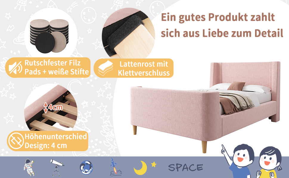 Logidon kinderbed gestoffeerd bed 90x200 roze fluweel sleebed Kosmos