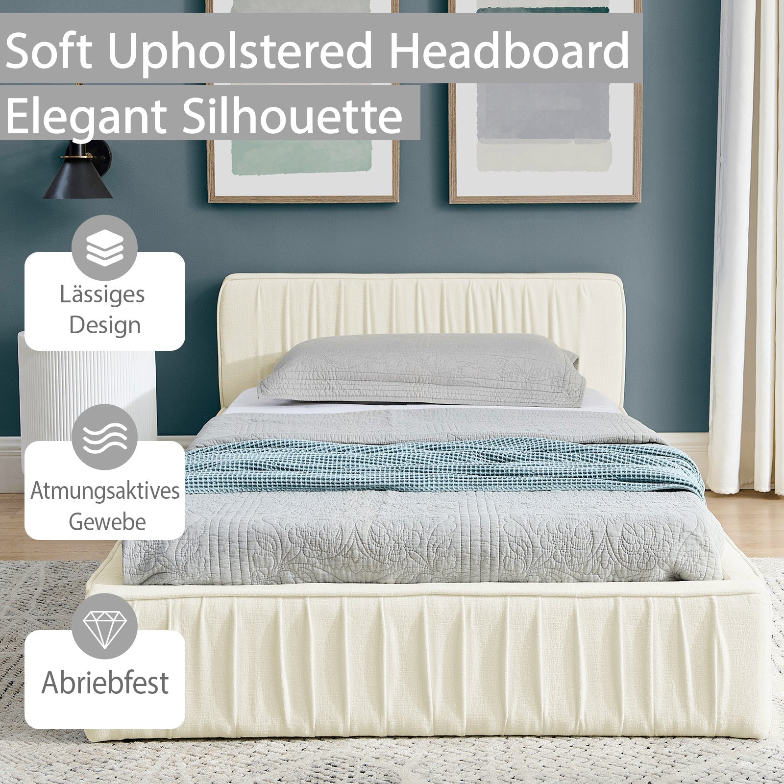 Logidon eenpersoonsbed 90x200cm chenille beige eucalyptushout ijzeren frame