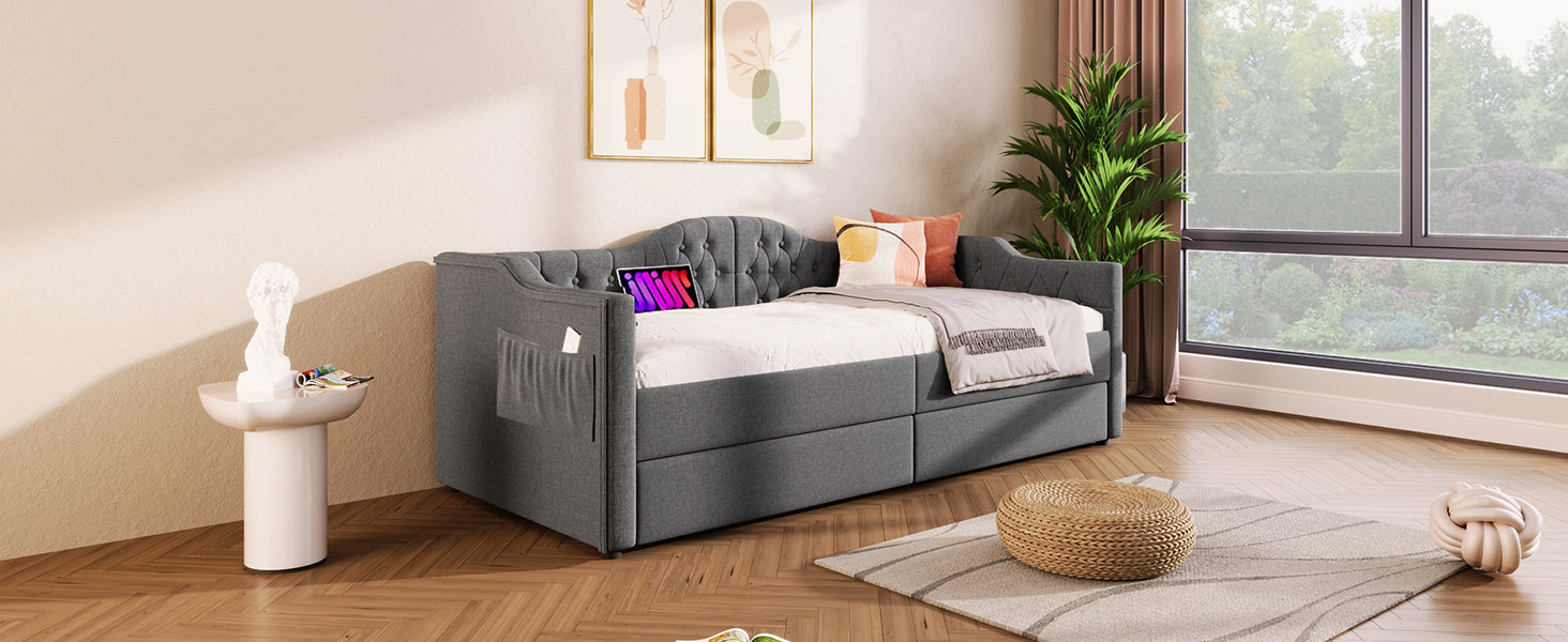 Logidon upholstered daybed 90x200 gray USB-C charging function 2 drawers