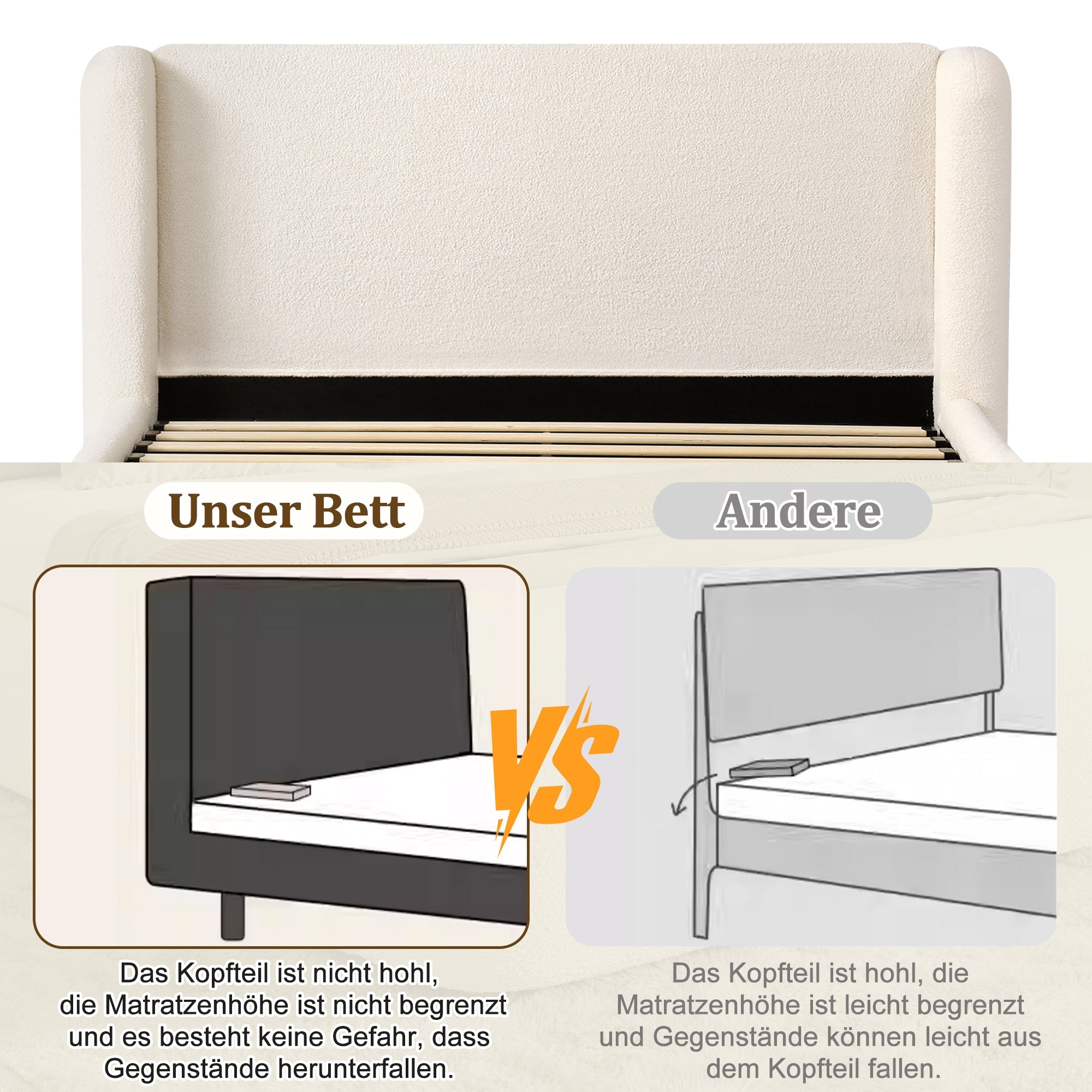Logidon gestoffeerd bed tweepersoonsbed 160x200 beige bouclé met opbergruimte