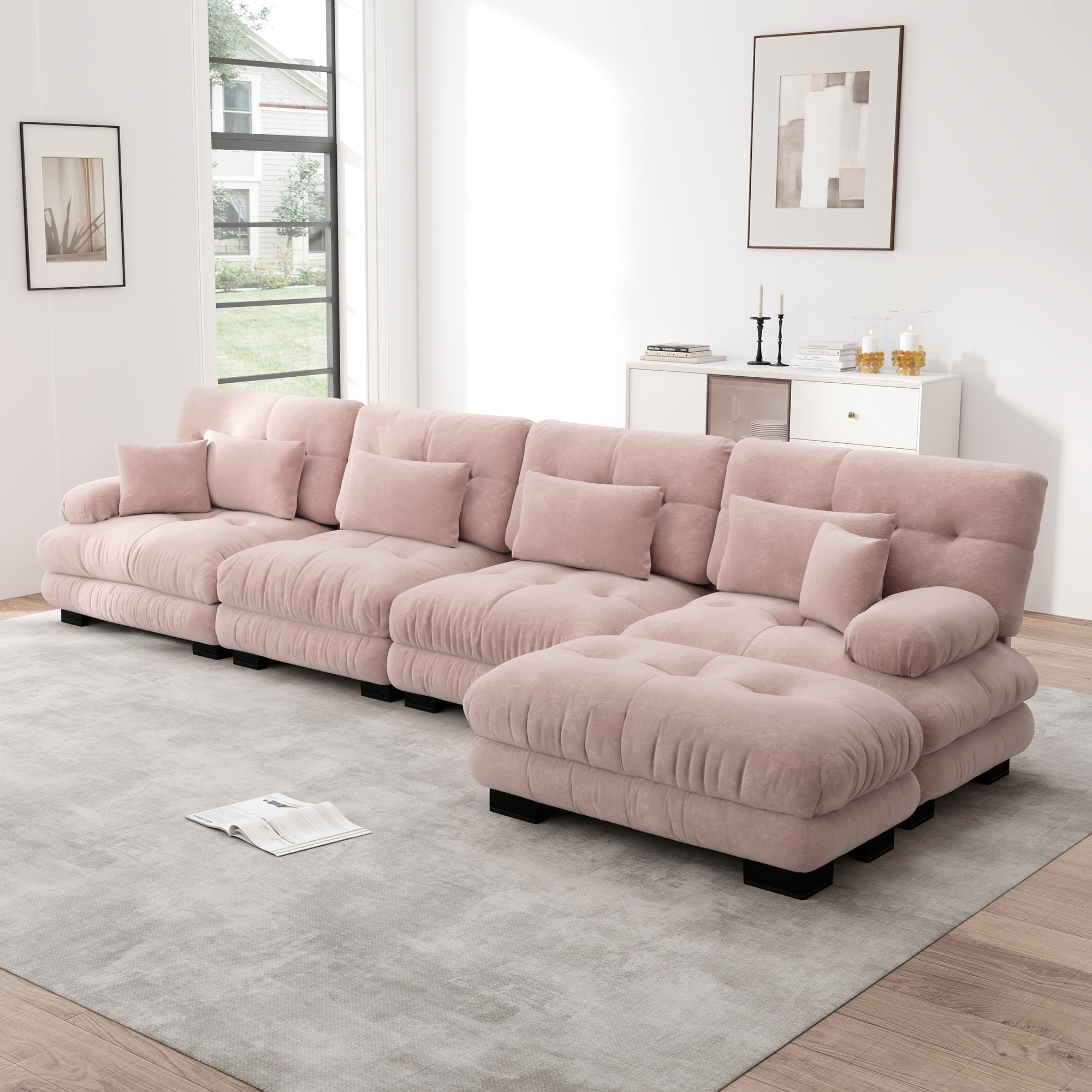 Logidon Modulaire hoekbank roze fluweel L-vorm 4-zits met kruk