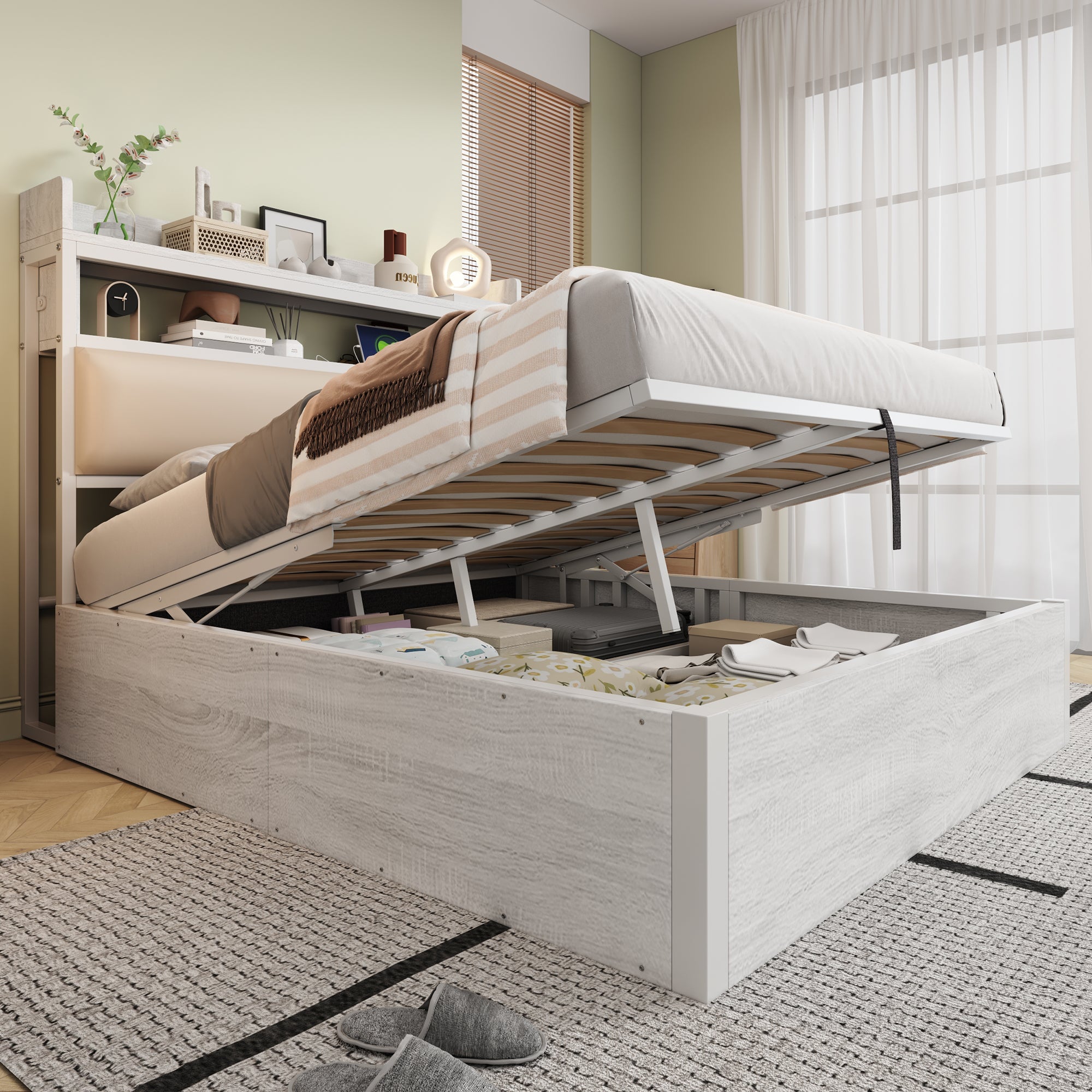Logidon bedframe 140x200 cm met hydraulische opbergruimte USB hoofdbord wit