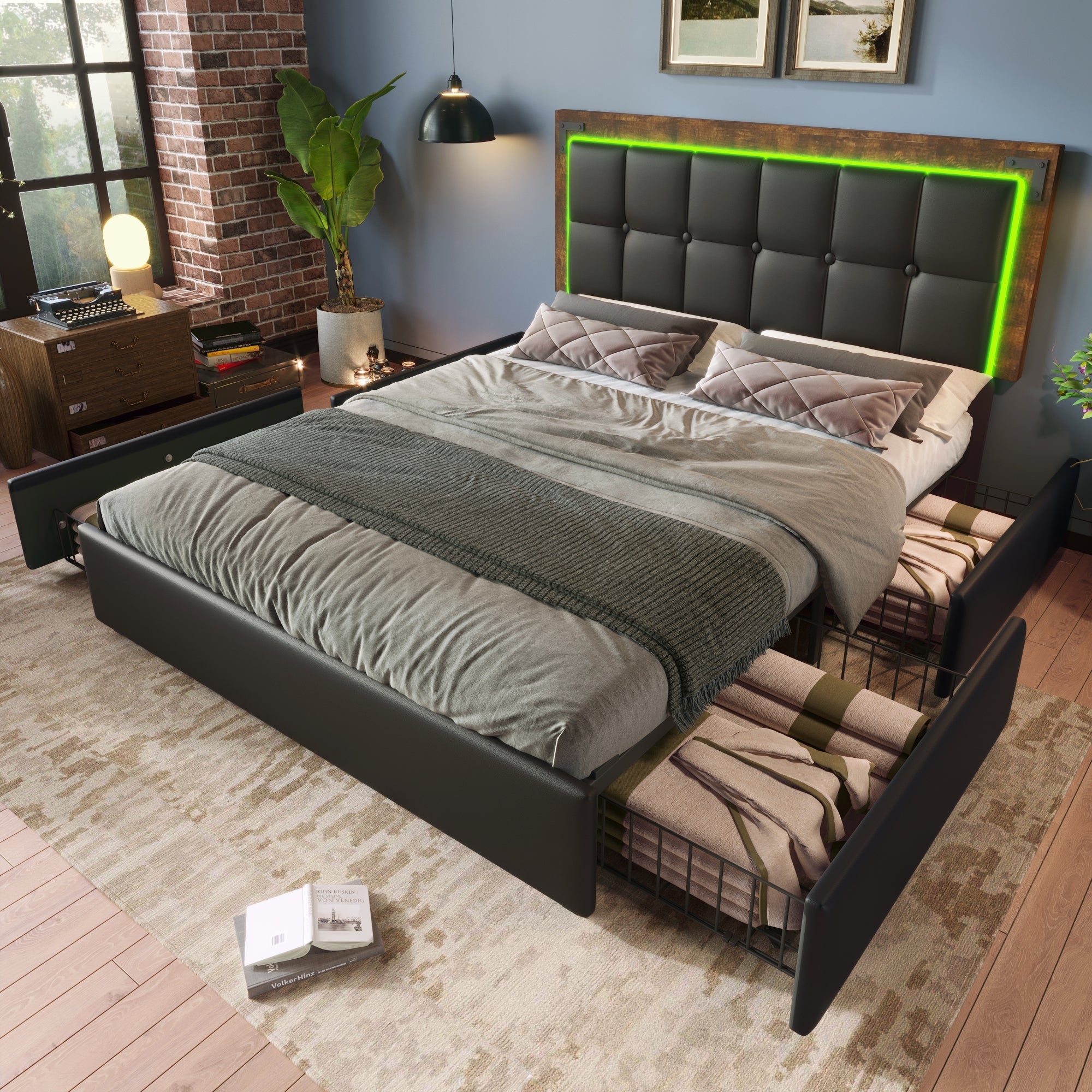 Logidon bedframe 140x200 met LED-verlichting 4 lades zwart