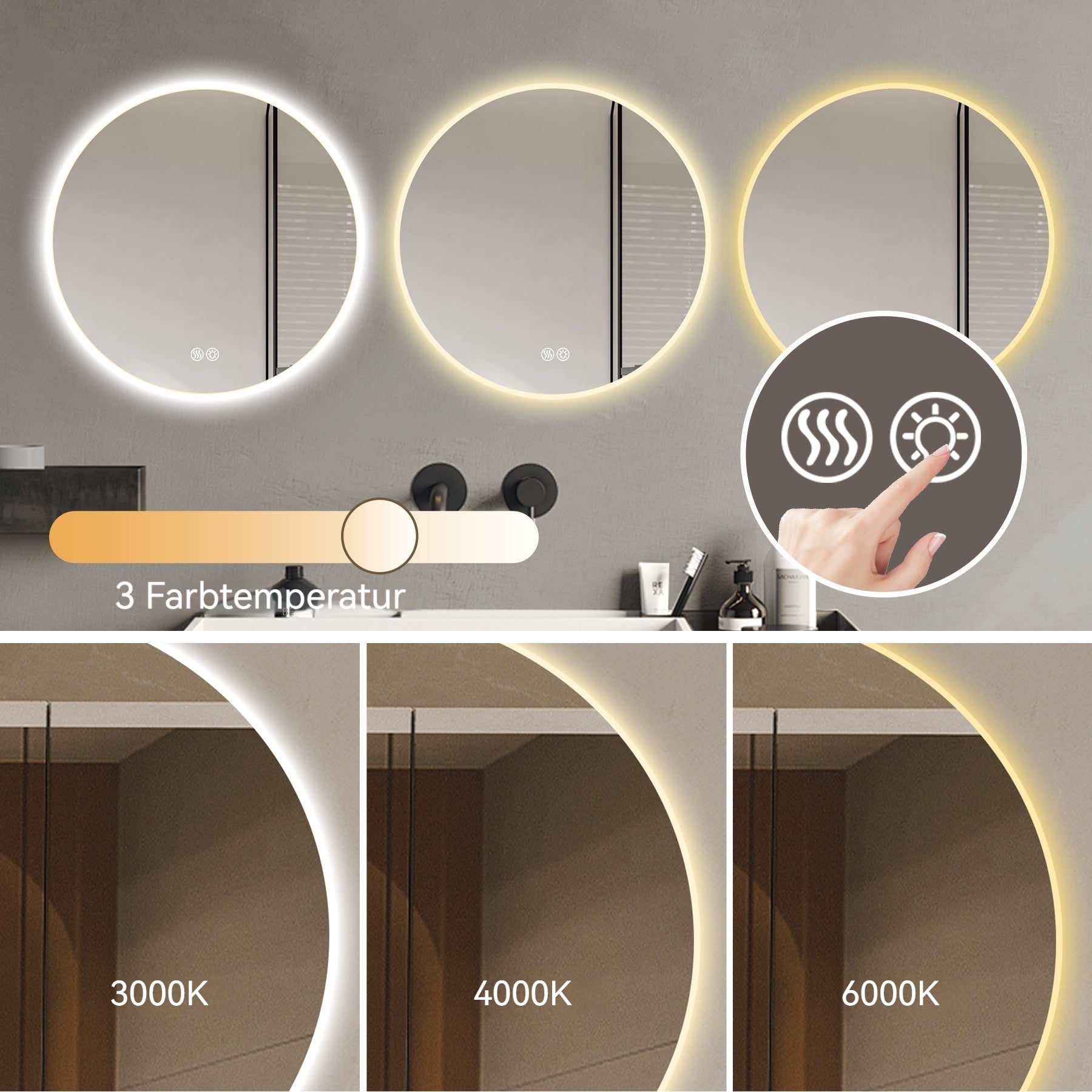 Logidon LED round mirror 70 cm silver anti-fog 3 color temperatures