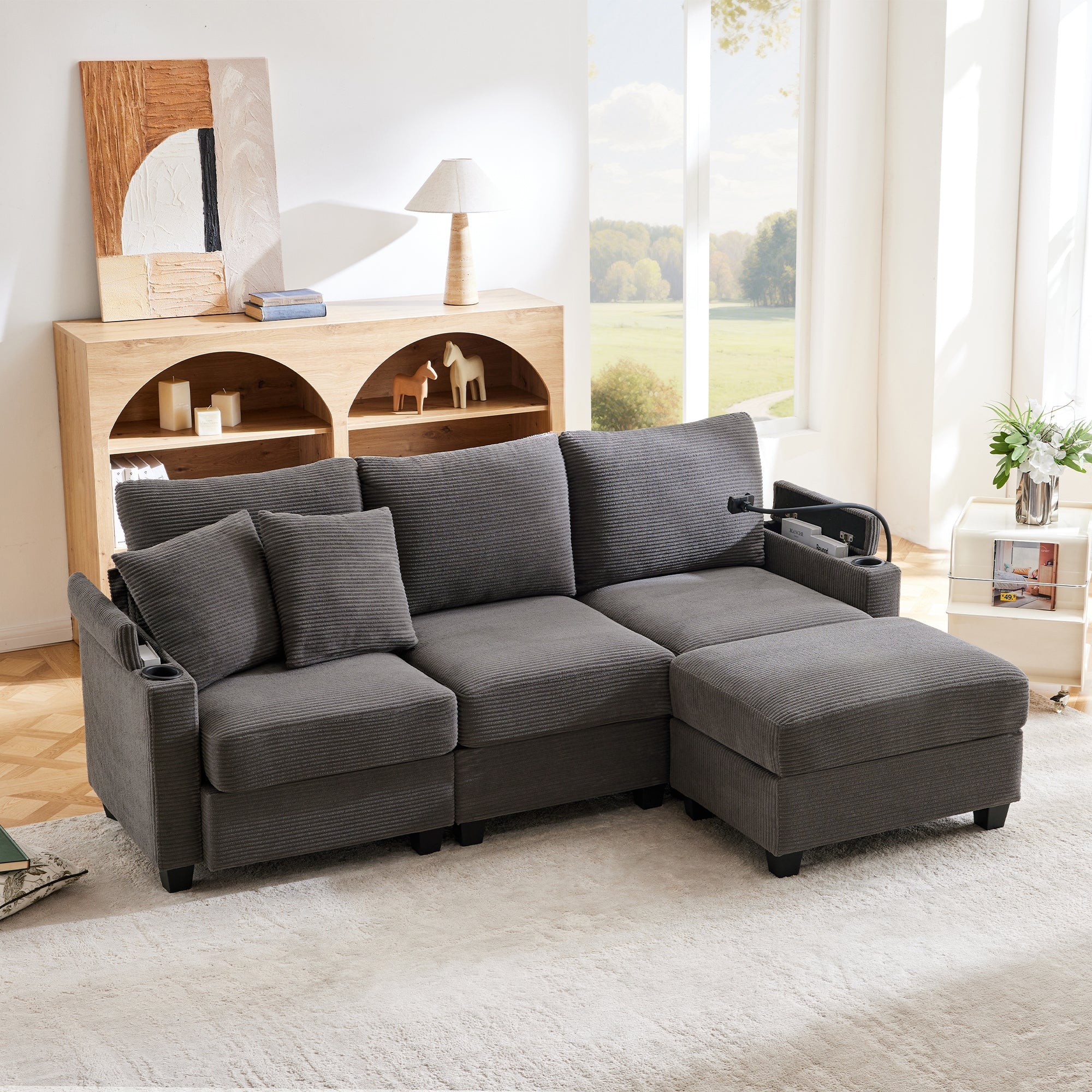 Logidon L-vorm Hoekbank Donkergrijs Corduroy Met USB-oplader