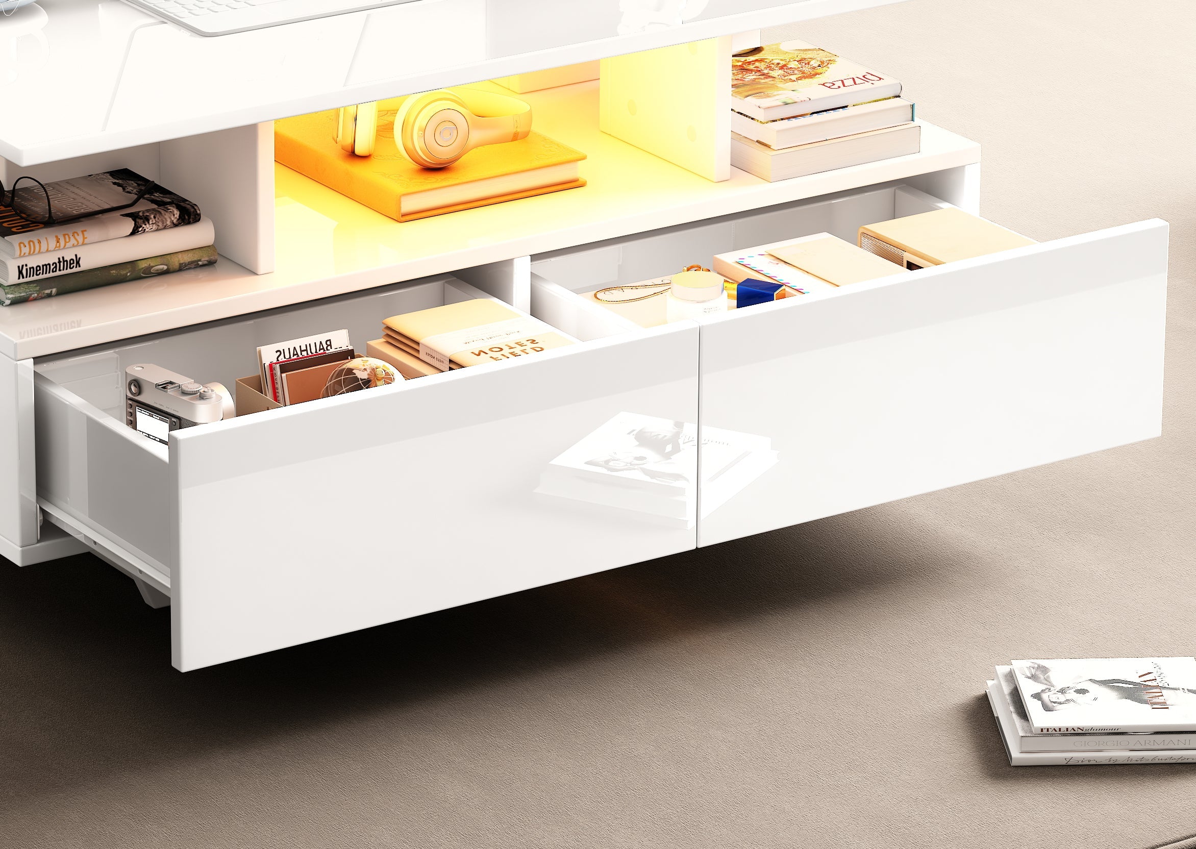 Logidon hoogglans salontafel LED, 2 lades, 90x55x41 cm wit