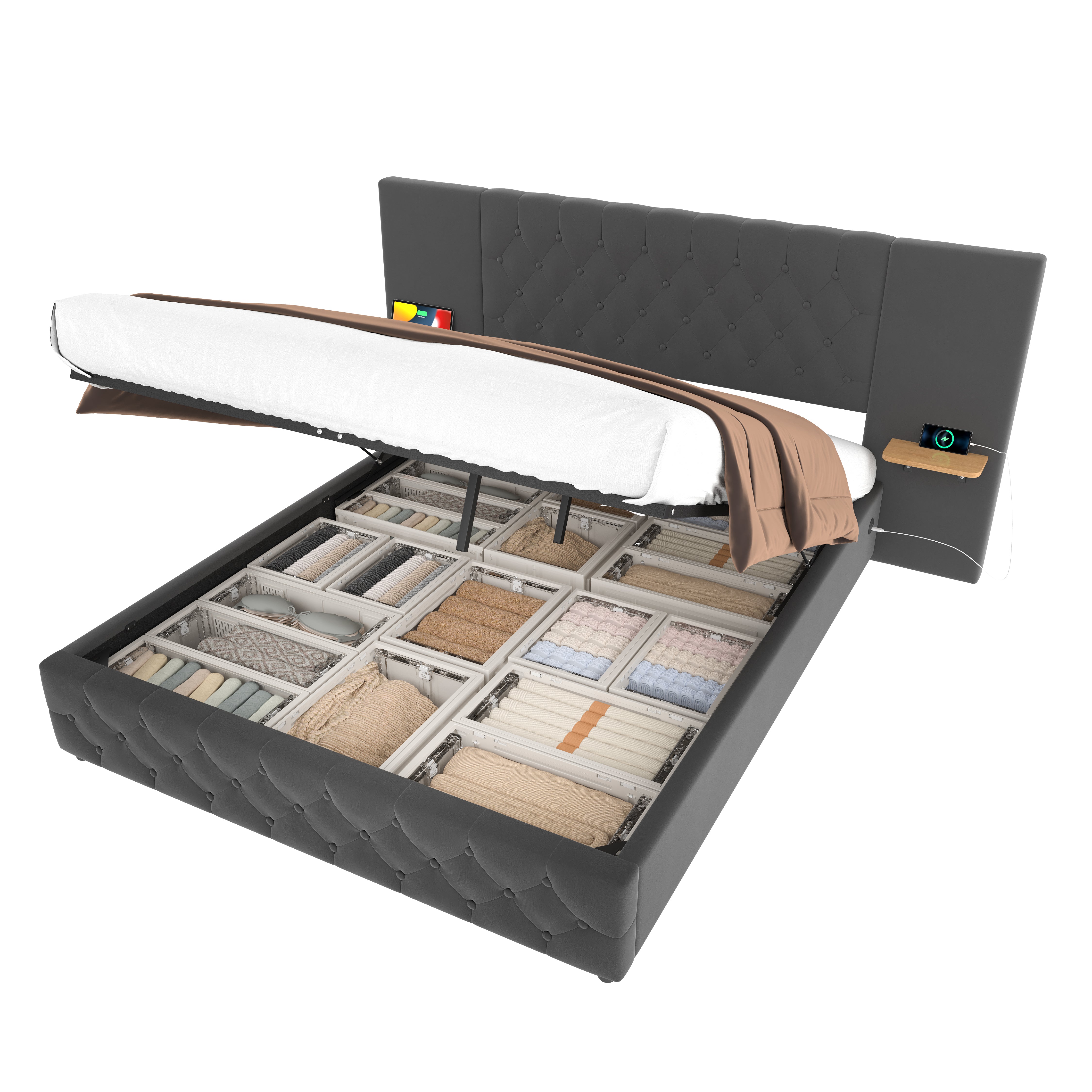 Logidon bedframe 140x200 cm grijs fluweel breed hoofdbord LED