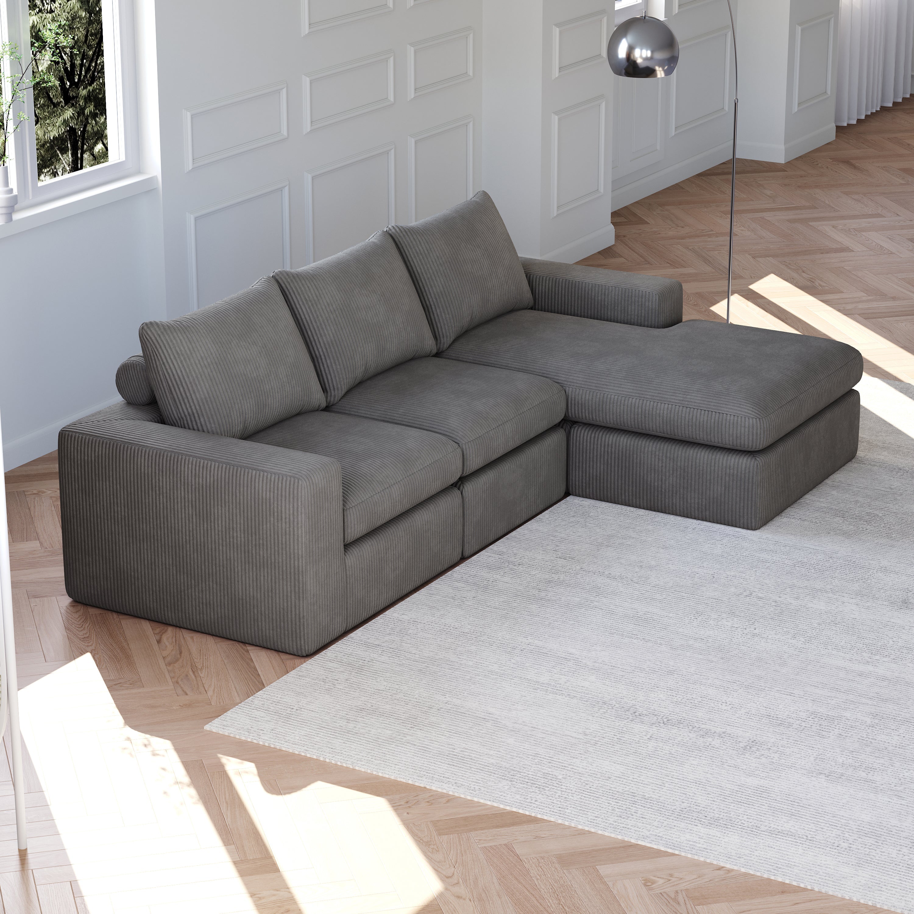 Logidon Gray Cord Sofa With Chaise Longue L Shape Three Cushions