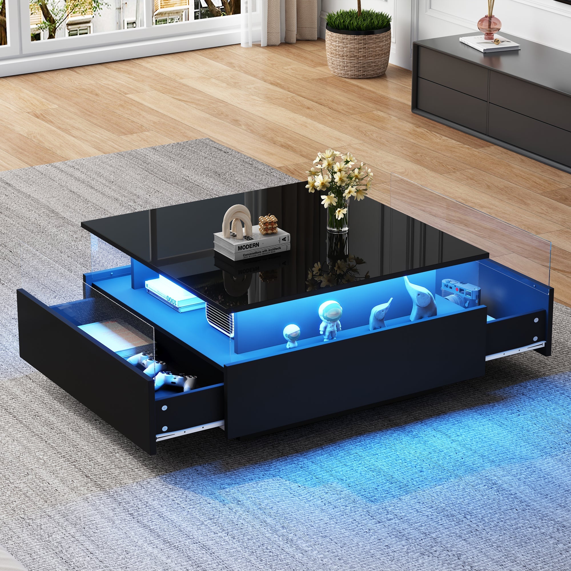 Logidon hoogglans LED salontafel 90x55x45 cm zwart 2 lades
