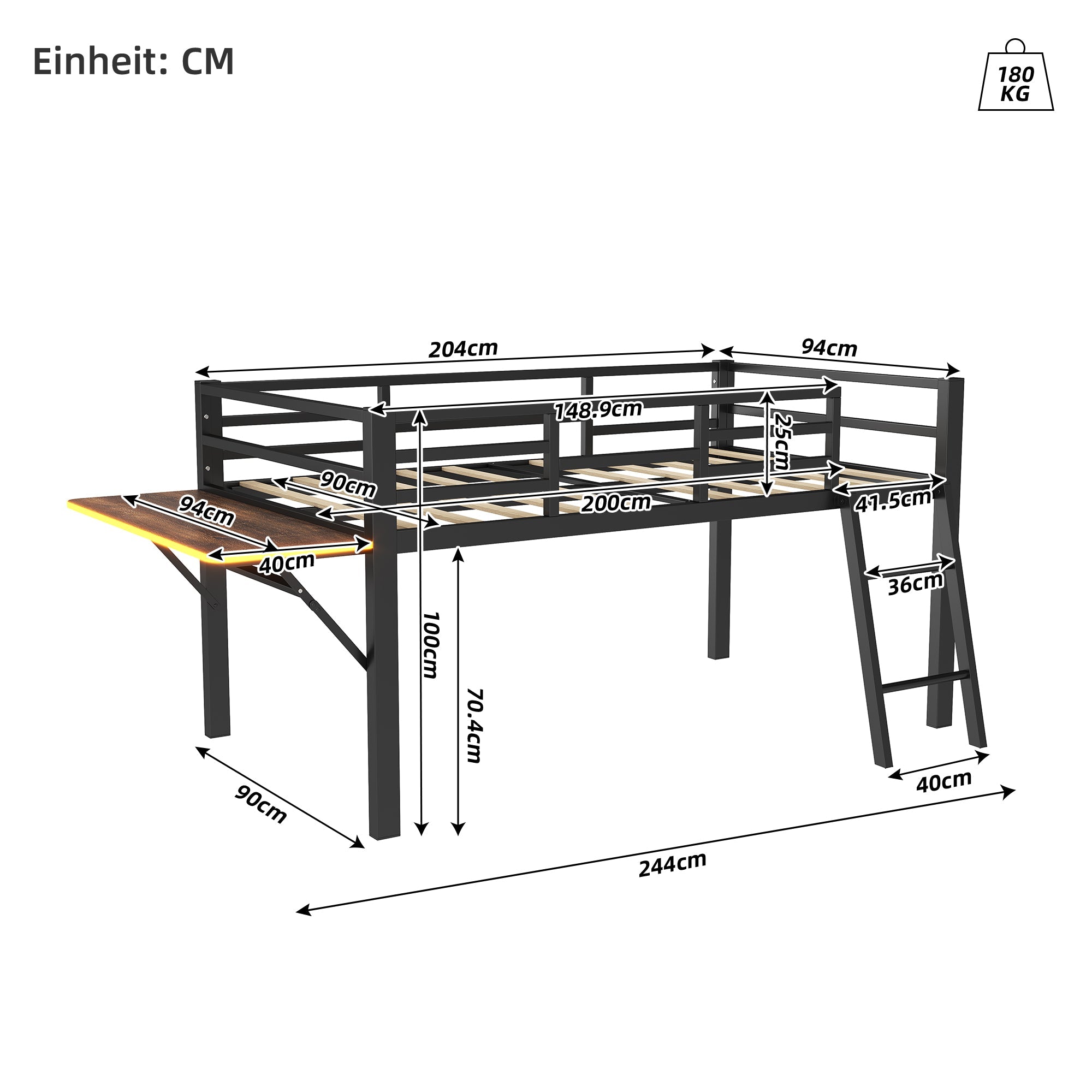 Logidon hoogslaper 90x200 zwart met bureau en LED-lichtstrip