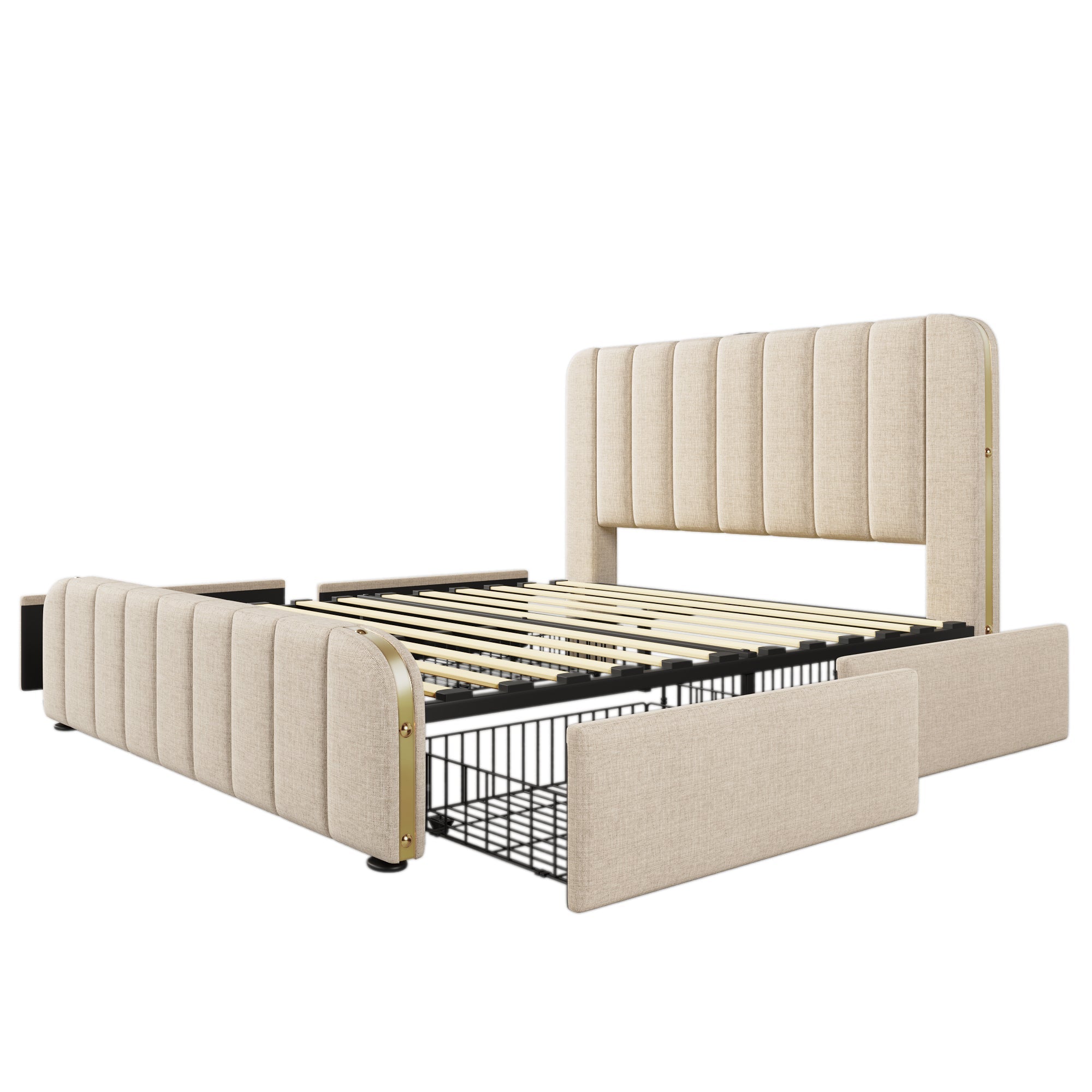 Logidon gestoffeerd bed 160x200 beige met USB oplaadfunctie en 4 lades