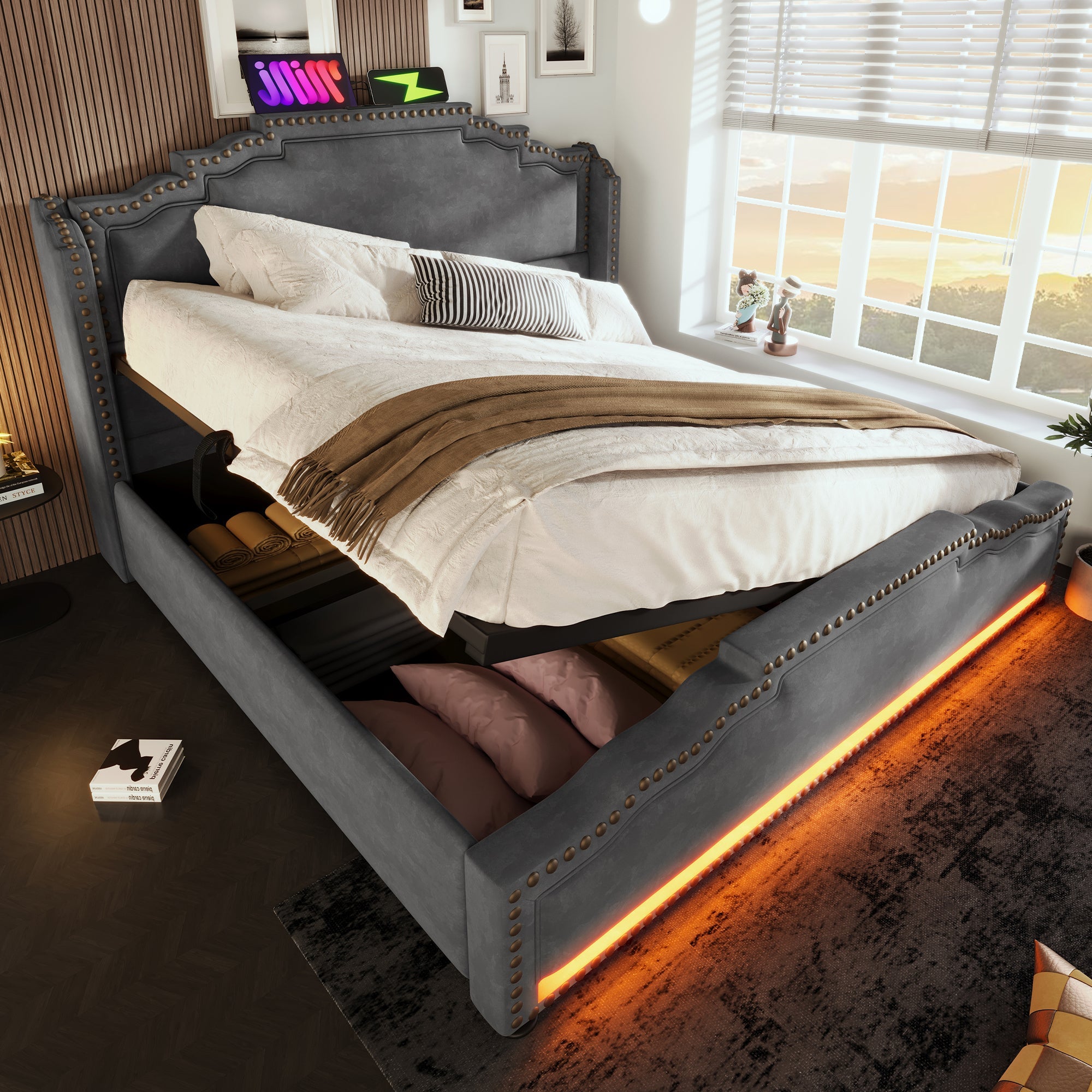 Logidon gestoffeerd bed 160x200 grijs fluweel met opbergruimte LED USB C