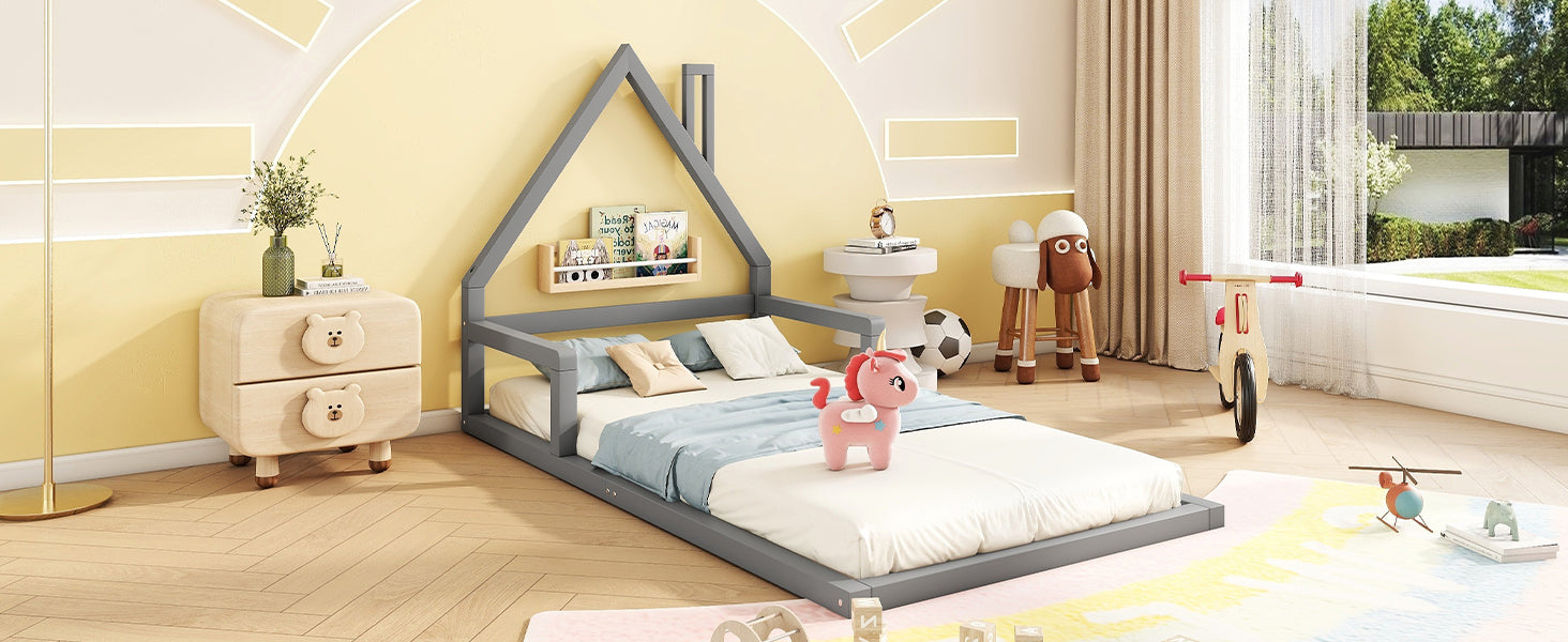 Logidon children's bed 90x200 cm flat bed house shape gray solid wood