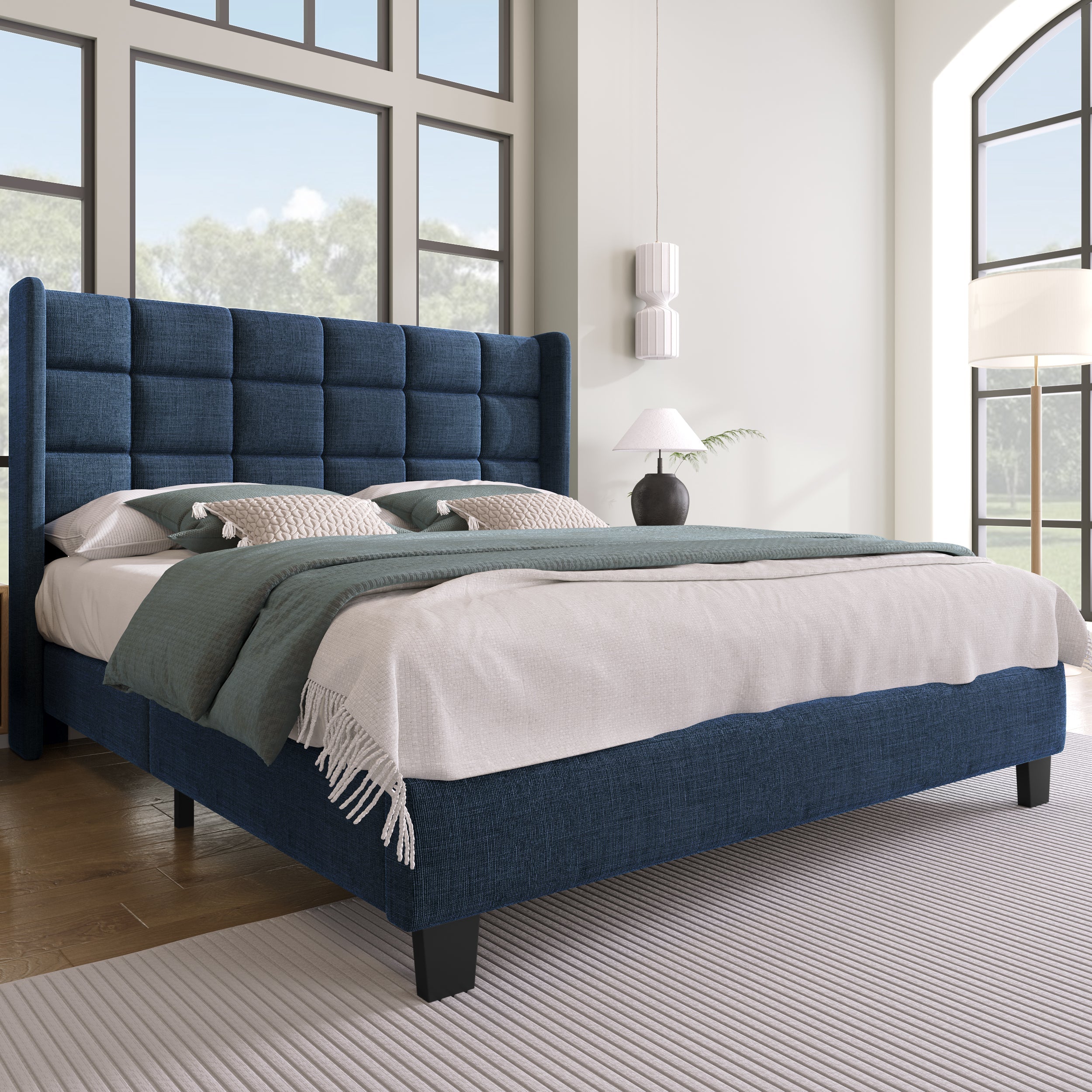 Logidon gestoffeerd bed 140x200 cm blauw linnen gecapitonneerd hoofdeinde