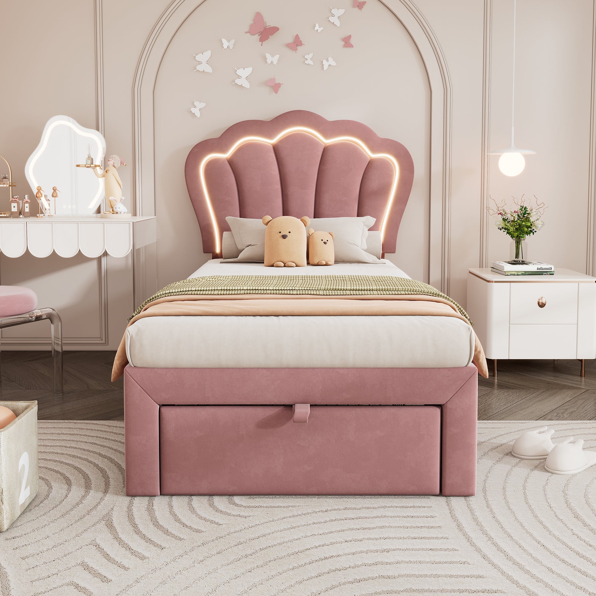 Logidon Kinderbed LED 90x200 Roze met Laden App Bediening