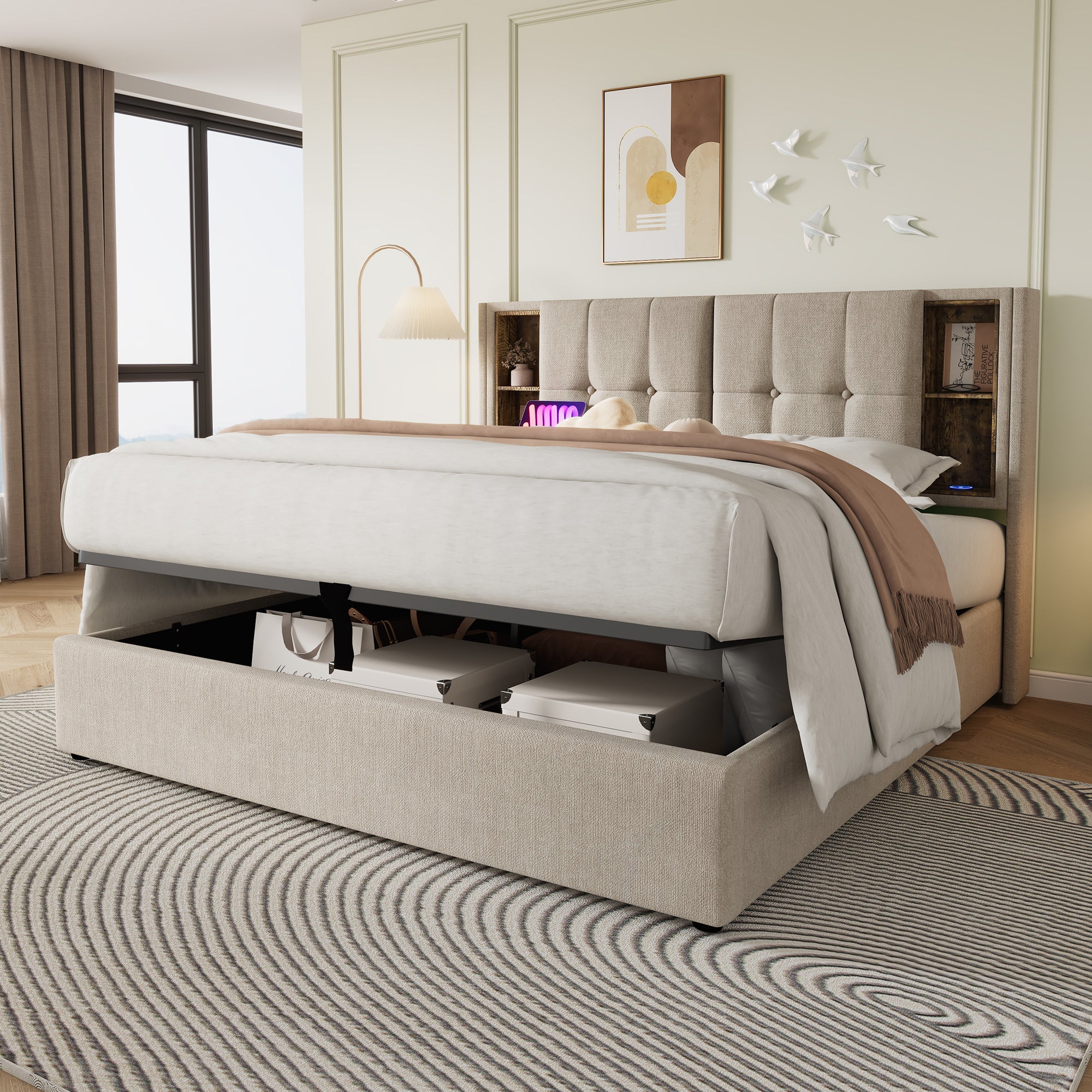 Logidon tweepersoonsbed 180x200 natuurlijk linnen draadloos opladen USB-C opslagruimte