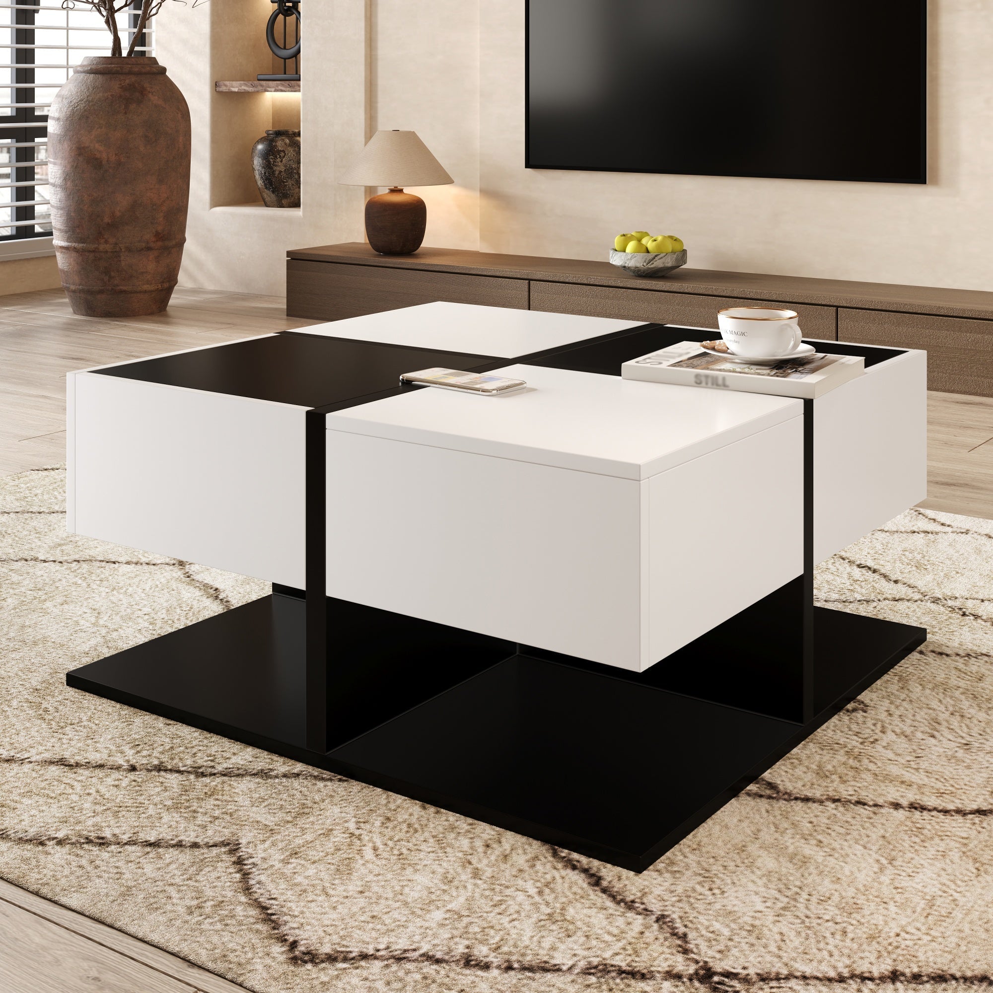 Logidon Moderne Salontafel Zwart Wit 70x70x35,5 cm Met 2 Laden