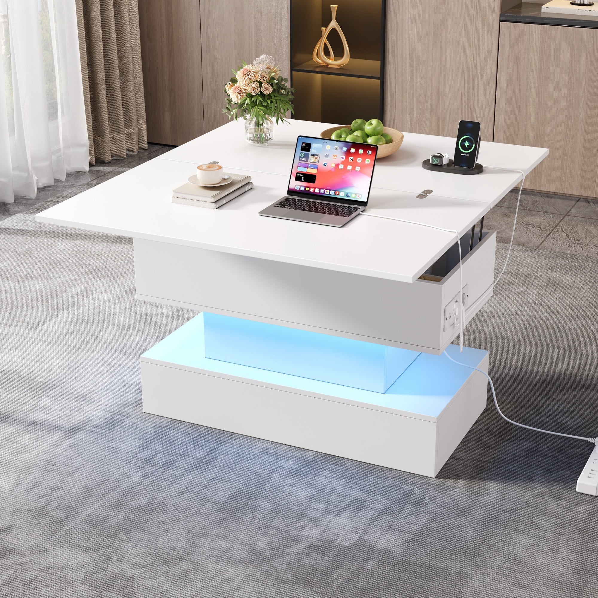 Logidon salontafel met USB-C oplaadaansluiting en LED-licht, in hoogte verstelbaar
