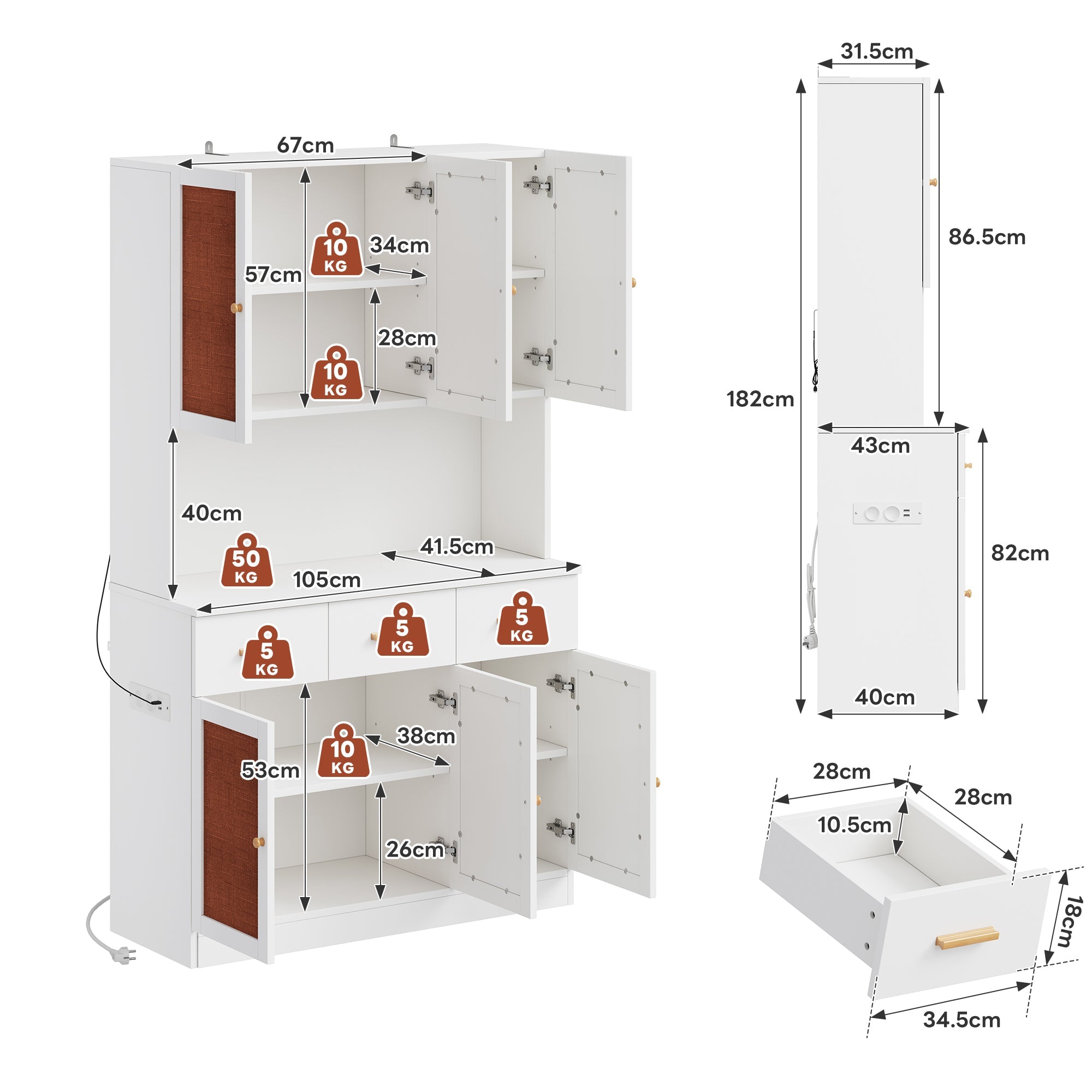Logidon keukenbuffetkast 182 cm wit LED-verlichting stopcontact