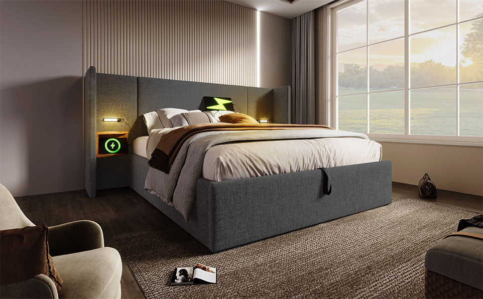 Logidon gestoffeerd bed tweepersoonsbed 160x200 grijs linnen nachtkastje opbergruimte