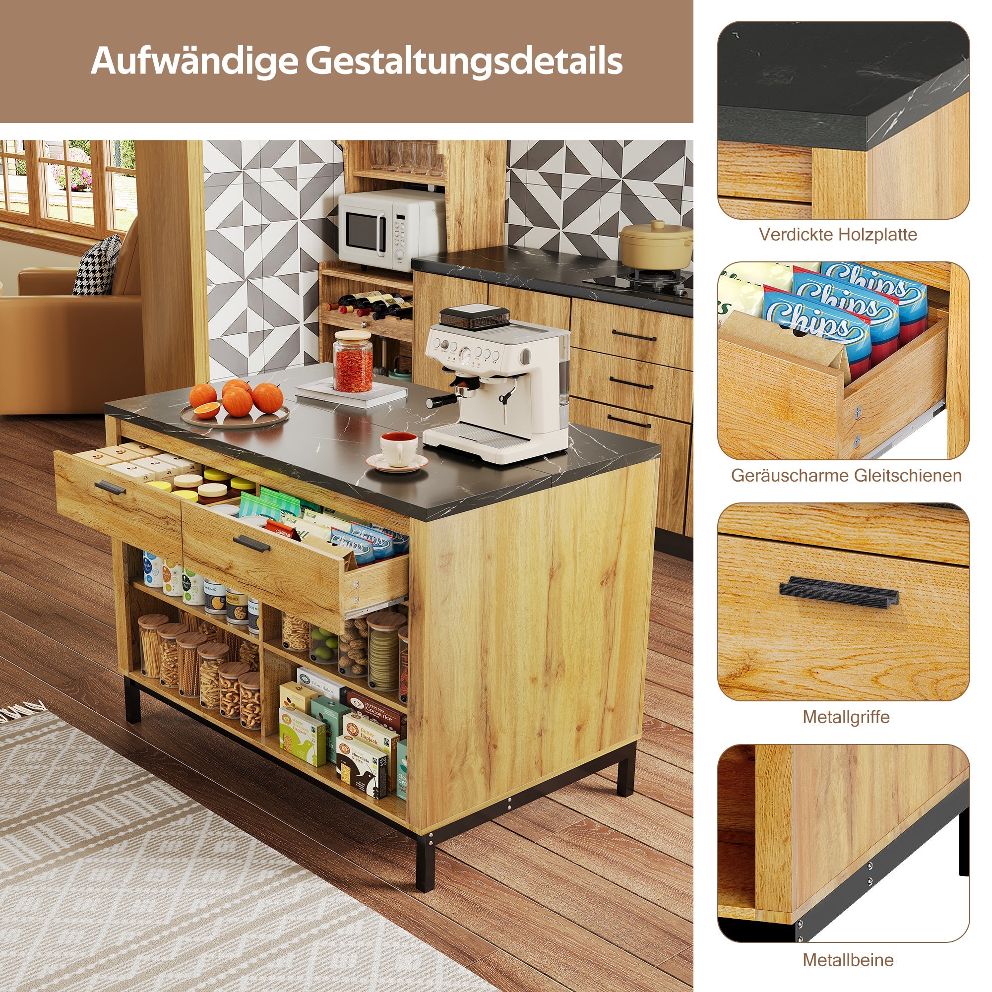 Logidon kitchen island country house style 120x75x90 cm with 2 drawers and 4 shelves