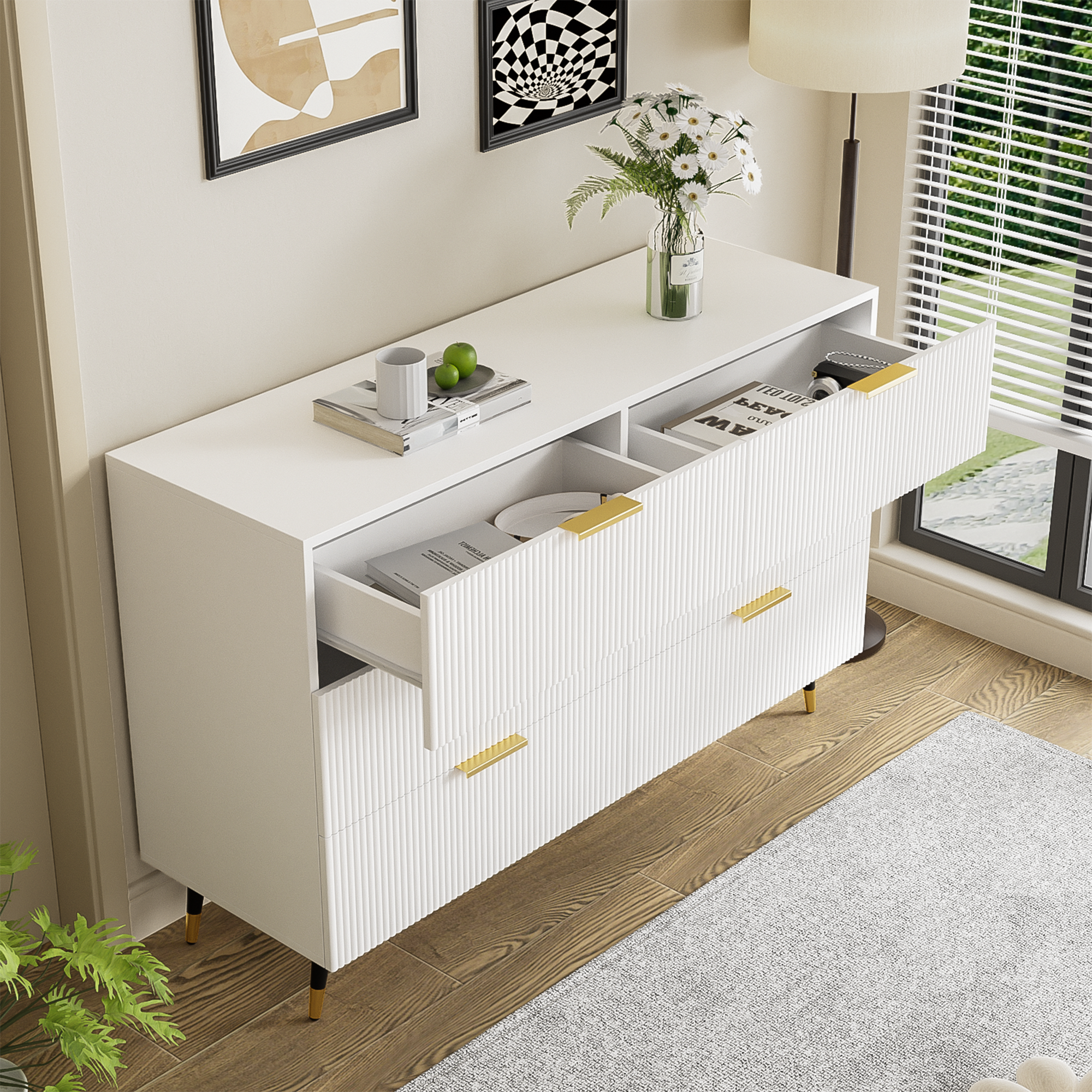 Logidon Elegant sideboard white 120x40x77 cm 6 drawers gold accents