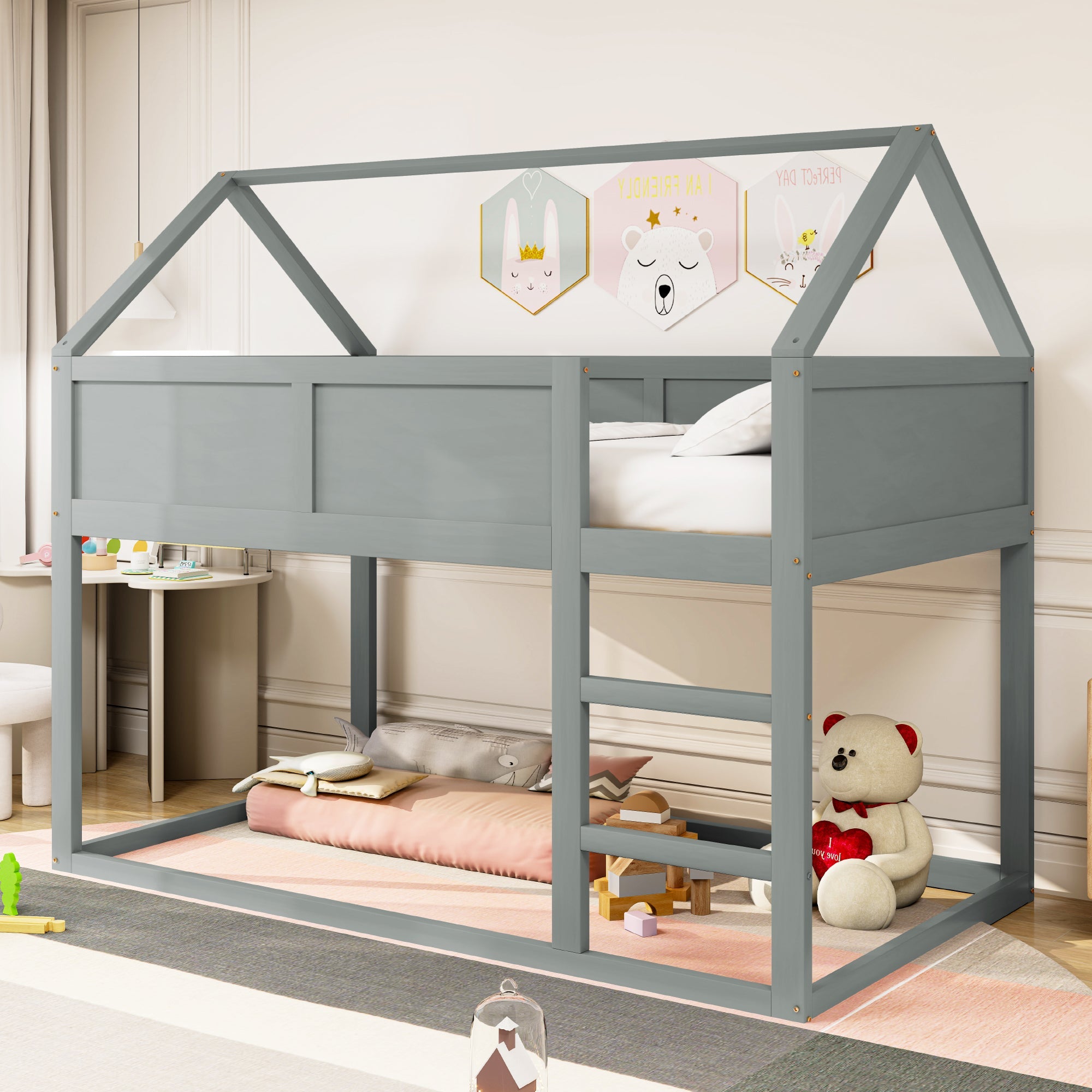 Logidon laag kinderbed 90x200 grijs met trap massief hout