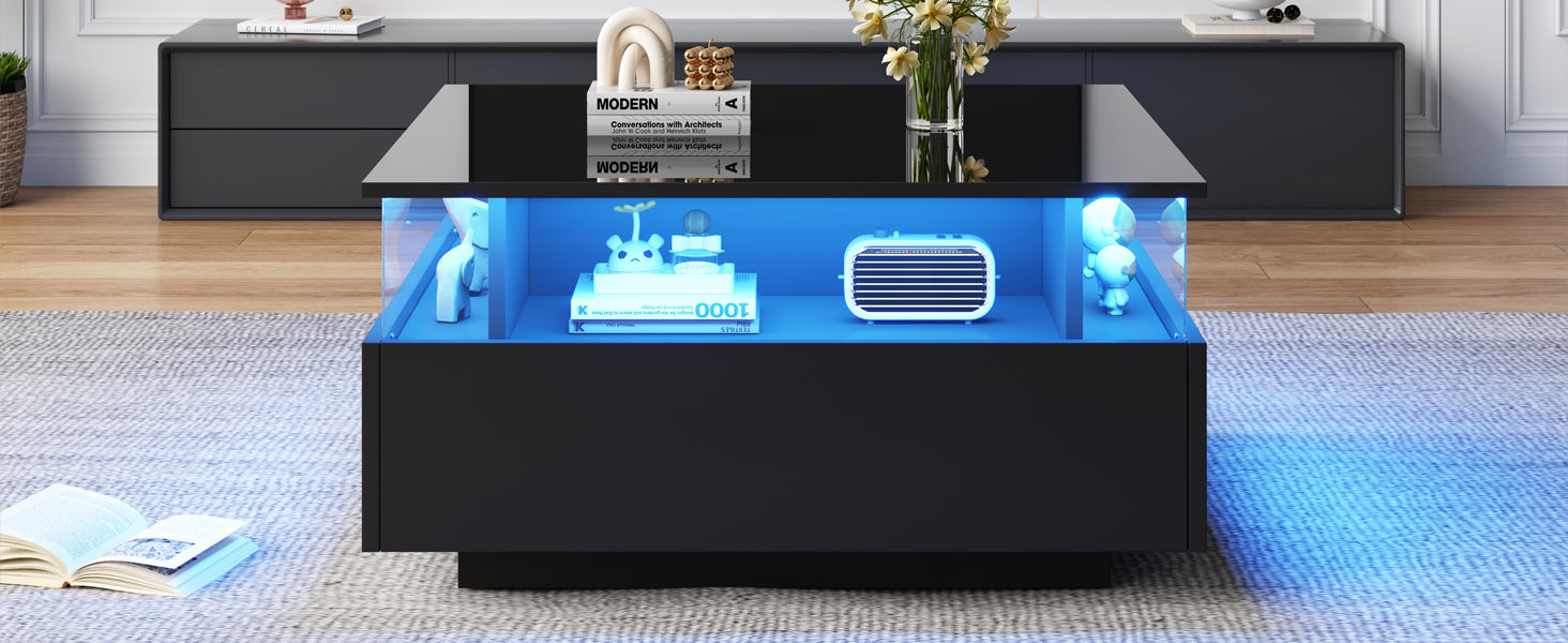 Logidon hoogglans LED salontafel 90x55x45 cm zwart 2 lades