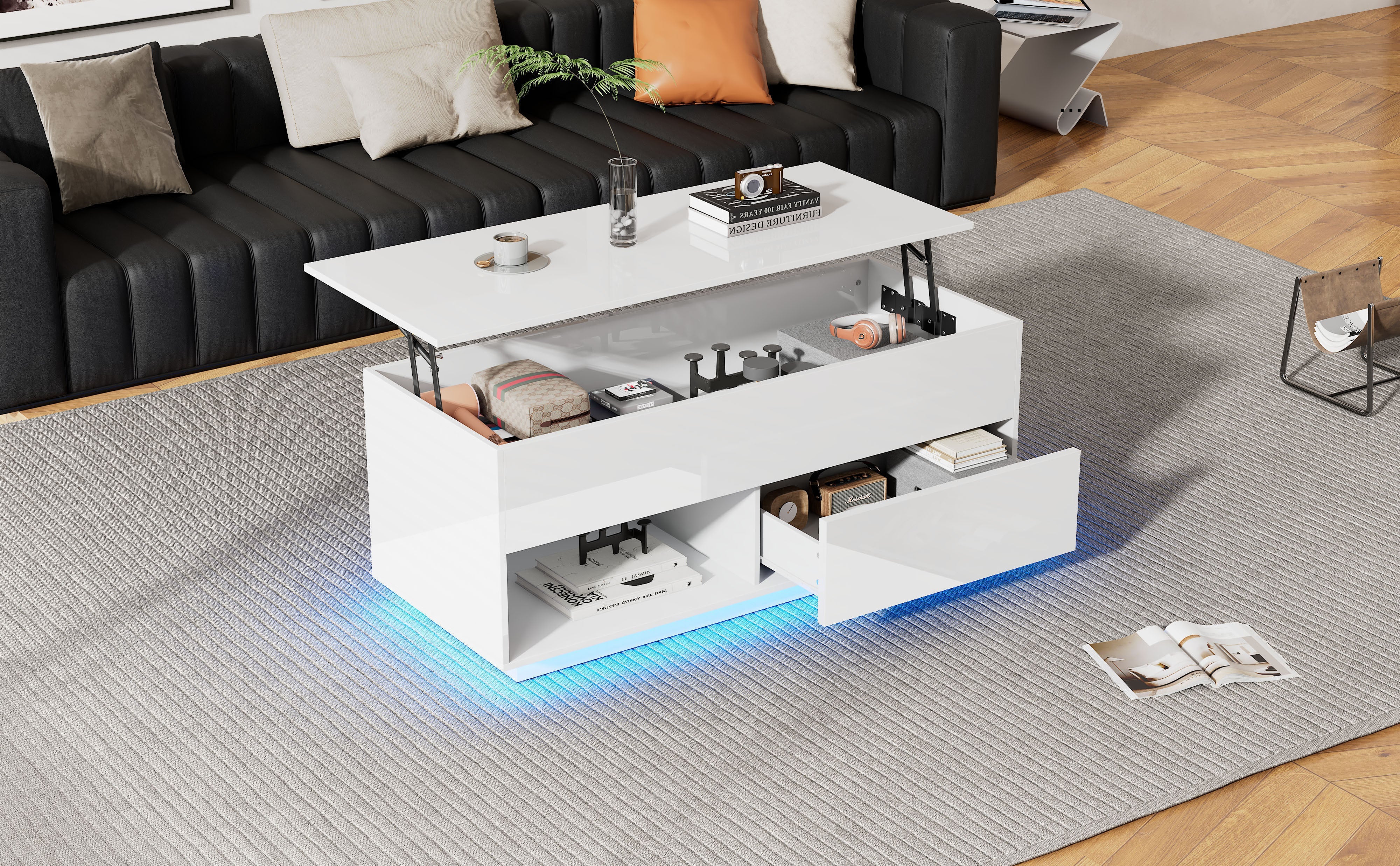 Logidon hoogglans hefsalontafel 100 x 50 cm witte LED-verlichting