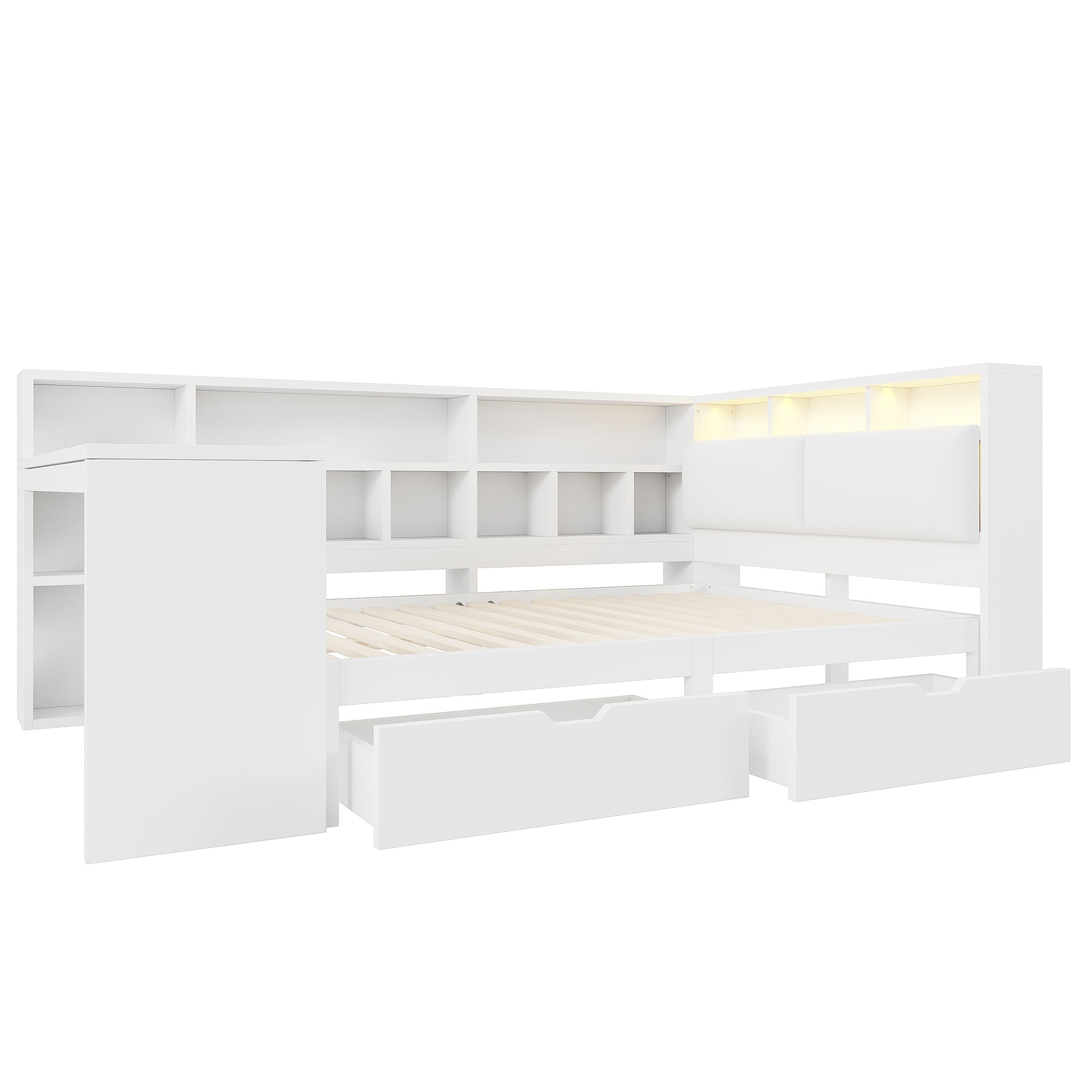 Logidon Hoekbed 140x200 L-vorm met Bureau Boekenplank Wit