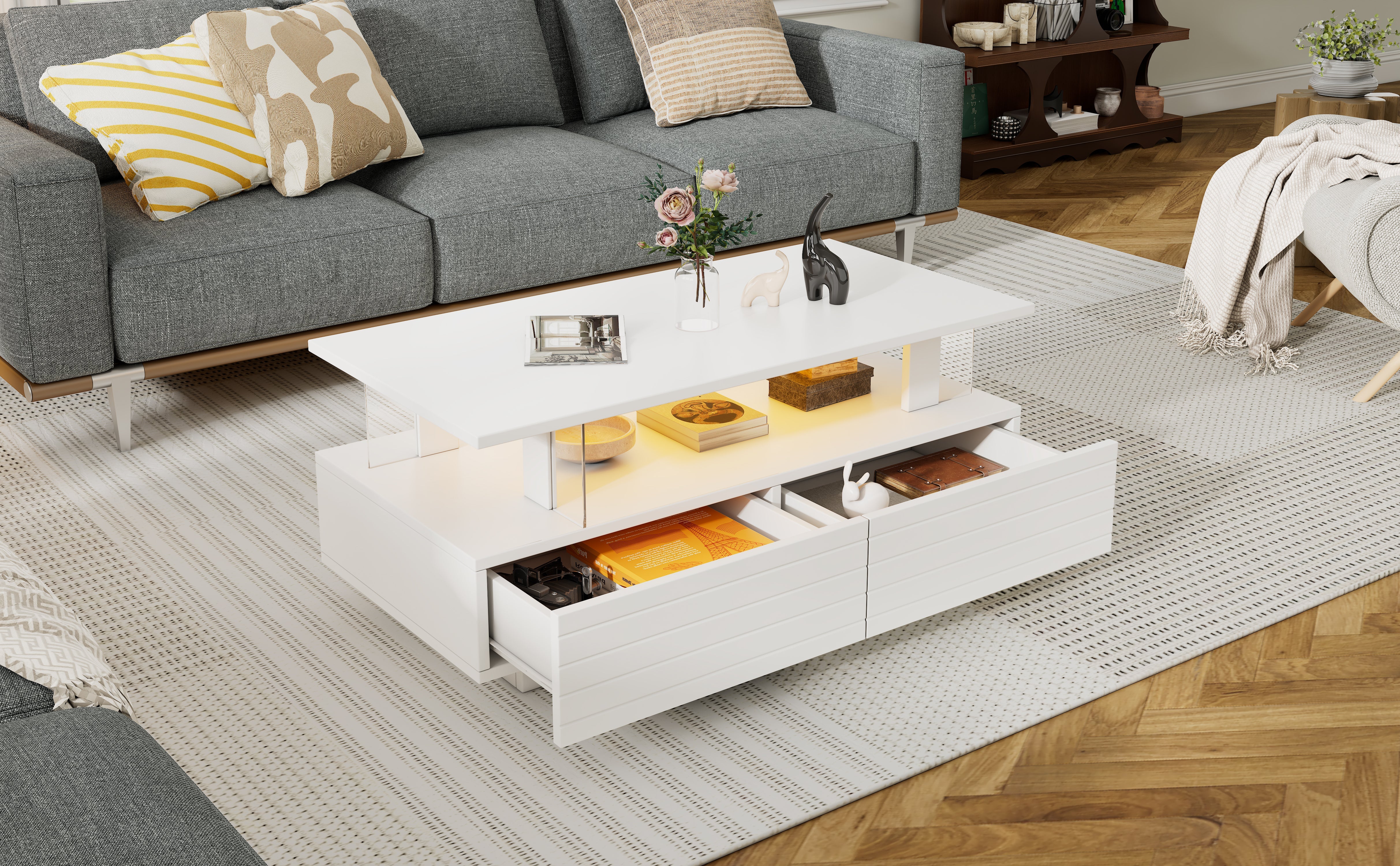 Logidon Witte LED Salontafel met Opbergruimte Bluetooth App Bediening 100x50x42 Cm