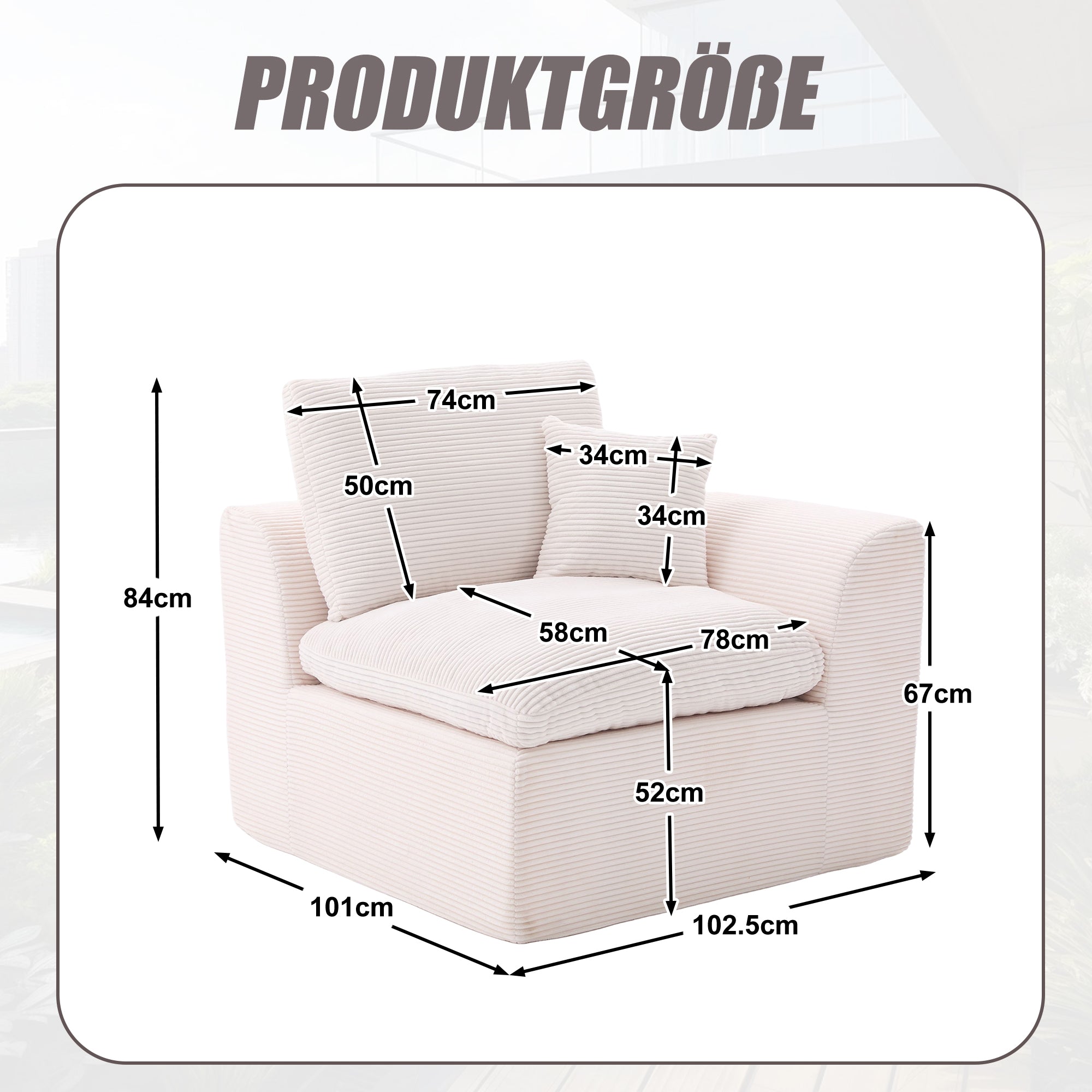 Logidon moderne 1-zits stoffen bank beige corduroy stof met kussens