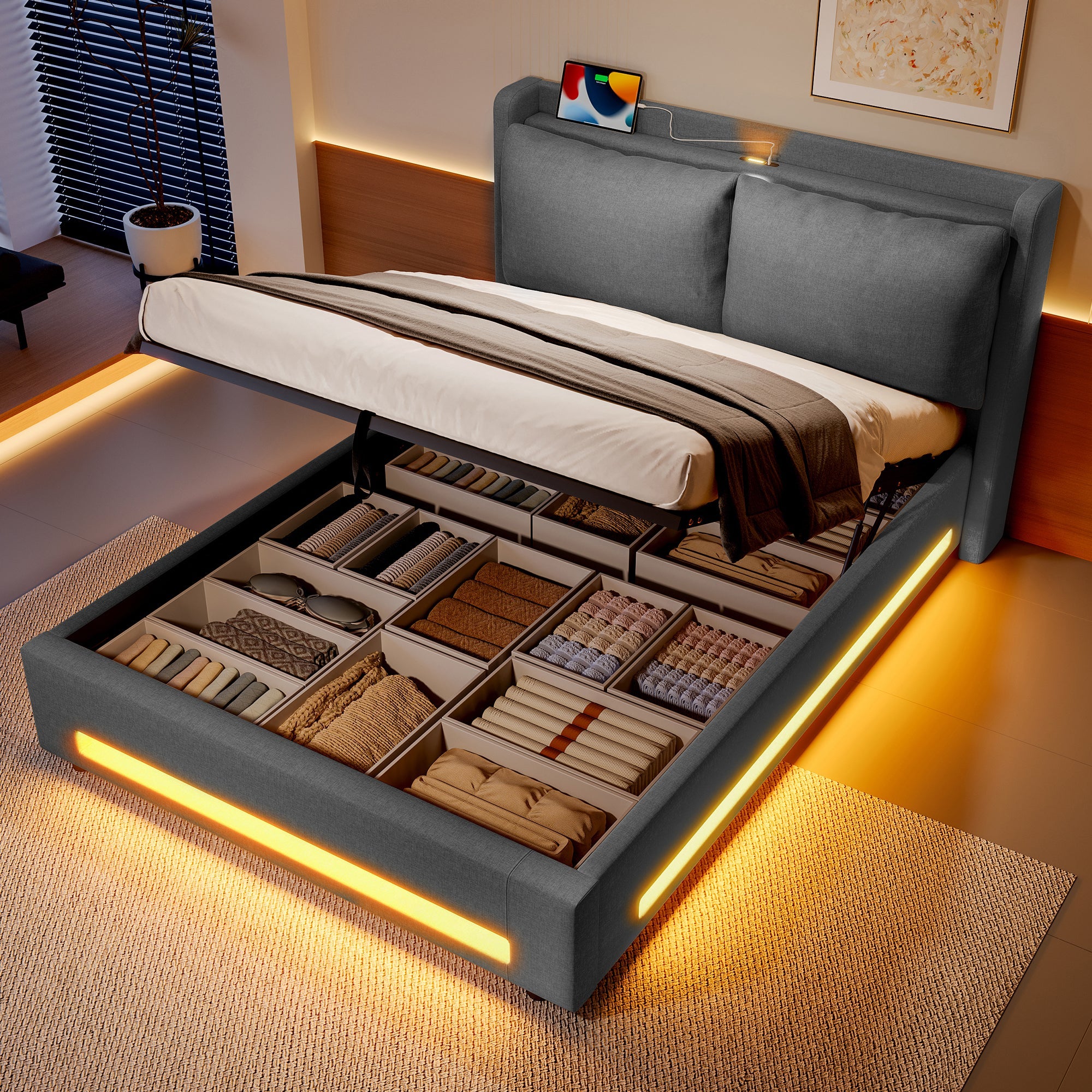 Logidon Modern gestoffeerd bed grijs 140x200 cm met opbergruimte en LED