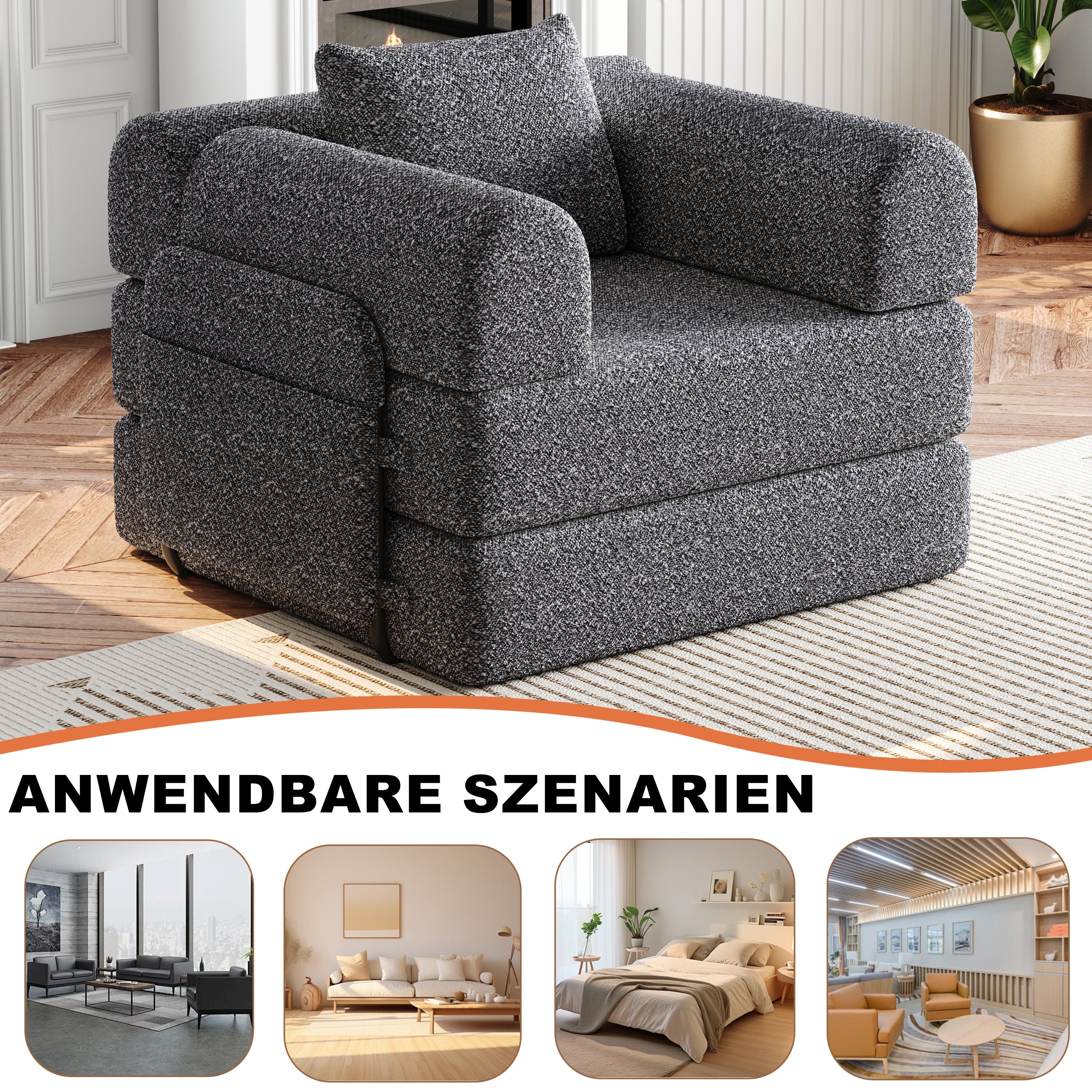 Logidon Chenille slaapbank 2-in-1 met opbergvak armleuning grijs fluweel