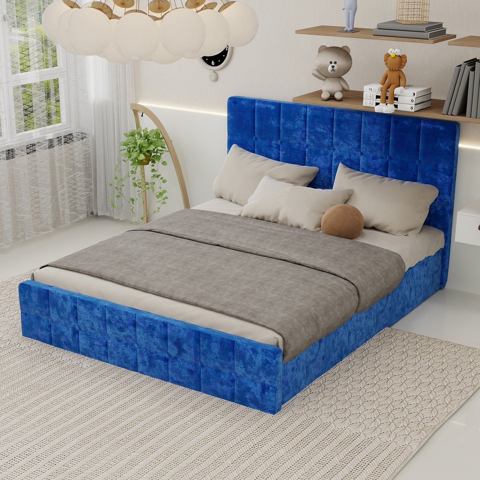 Logidon fluwelen bed 160x200 met hoofdbord en opbergruimte blauw