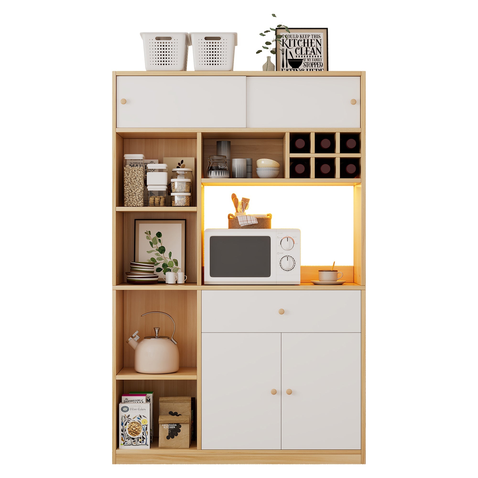 Logidon keukenkast buffet met LED-verlichting, 115x35x180 cm, naturel