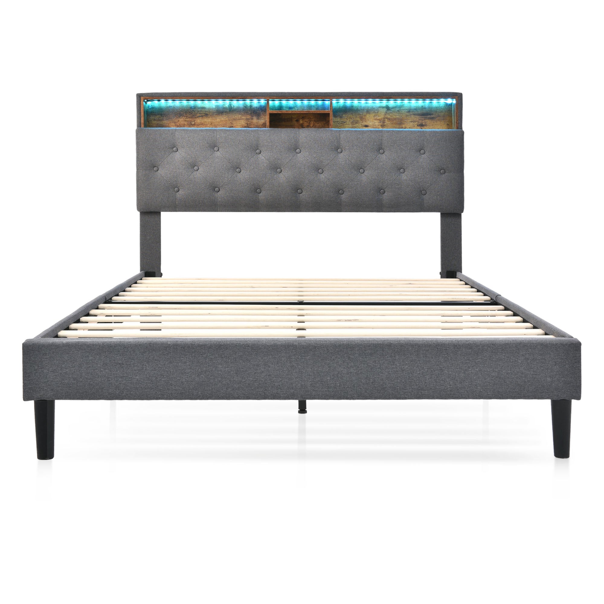 Logidon upholstered bed double bed with storage space headboard LED gray 140x200