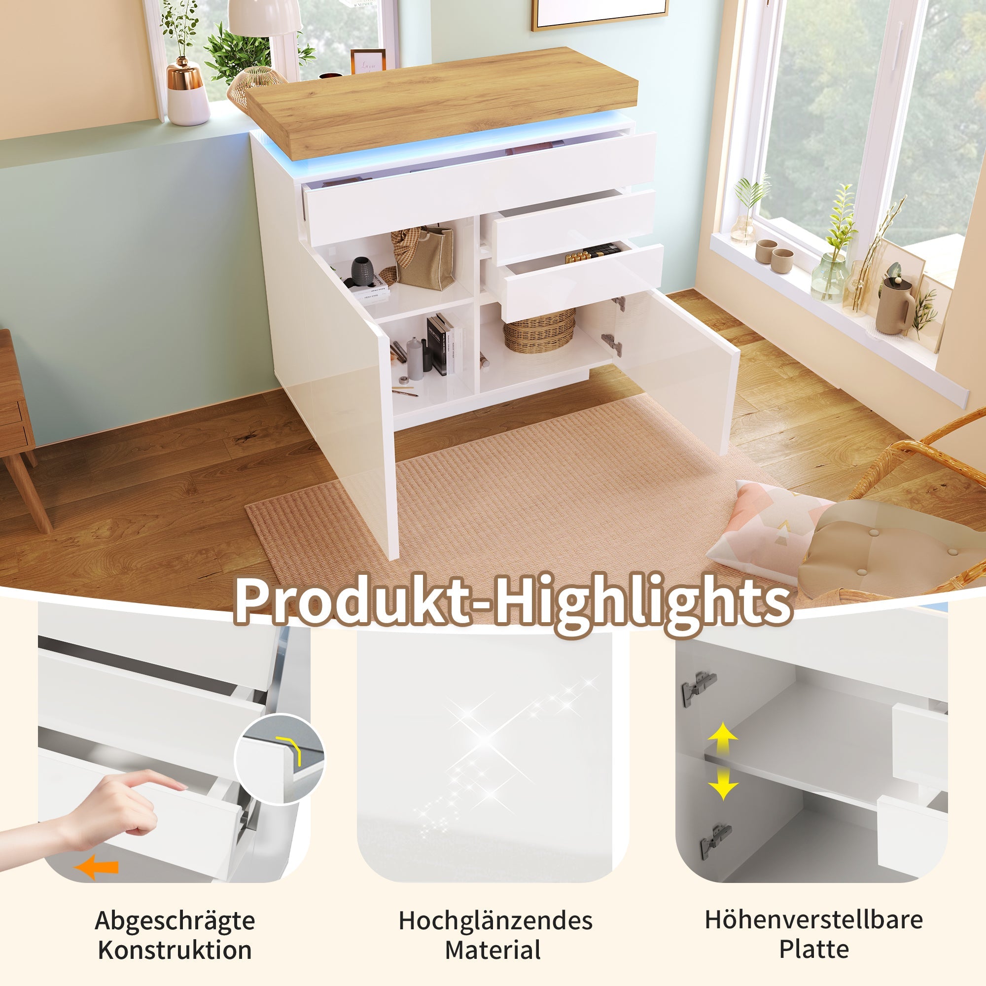 Logidon high gloss chest of drawers white LED lighting app control 2 doors