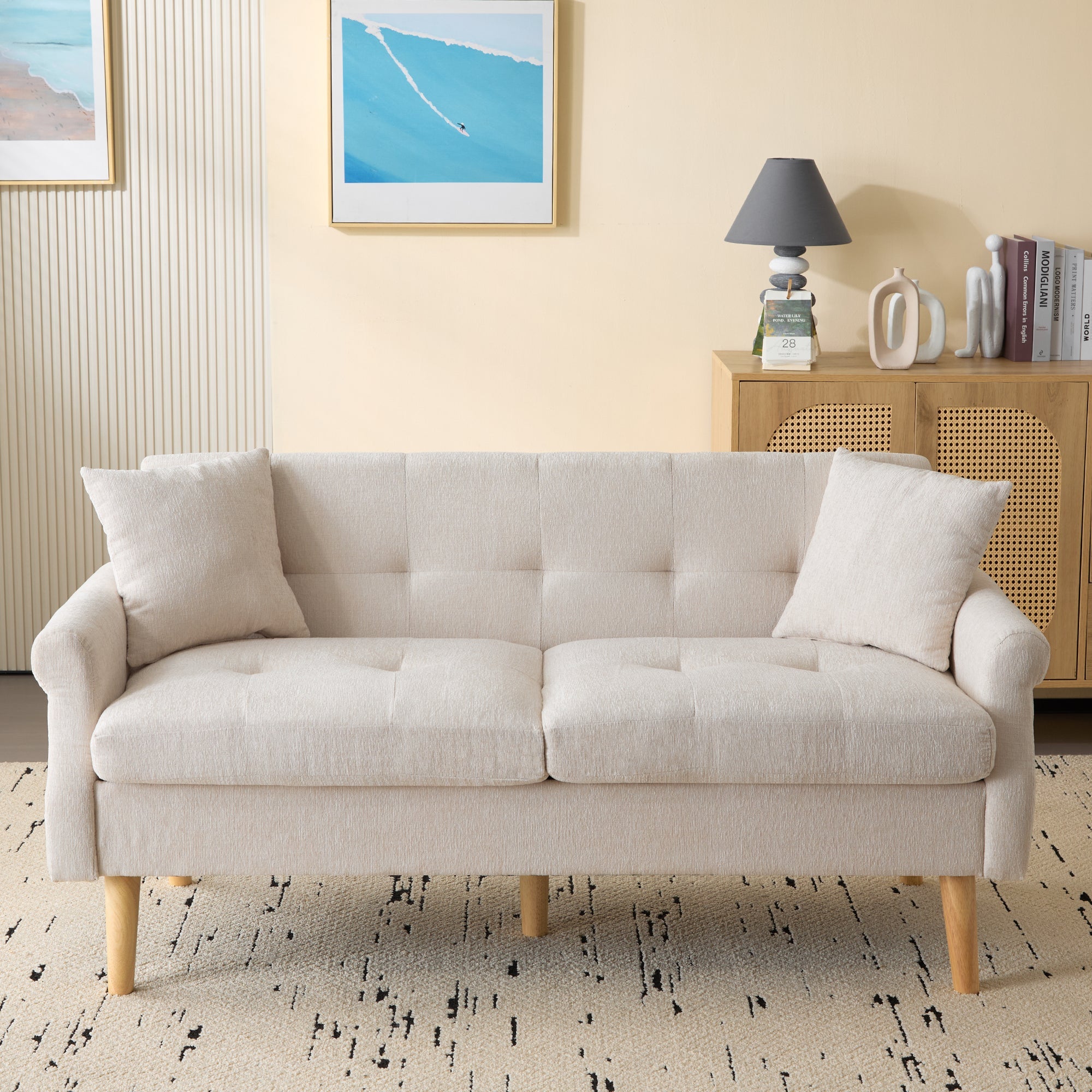 Logidon Chenille Tweepersoonsbank Beige Modern Design Gestoffeerd