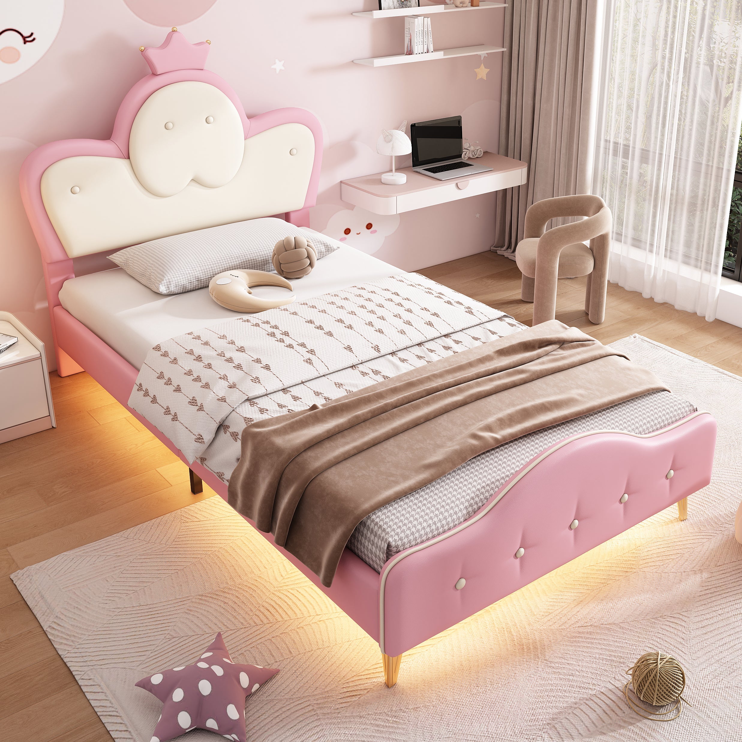 Logidon gestoffeerd bed kinderbed roze wit 90x200 met kroonhoofdbord