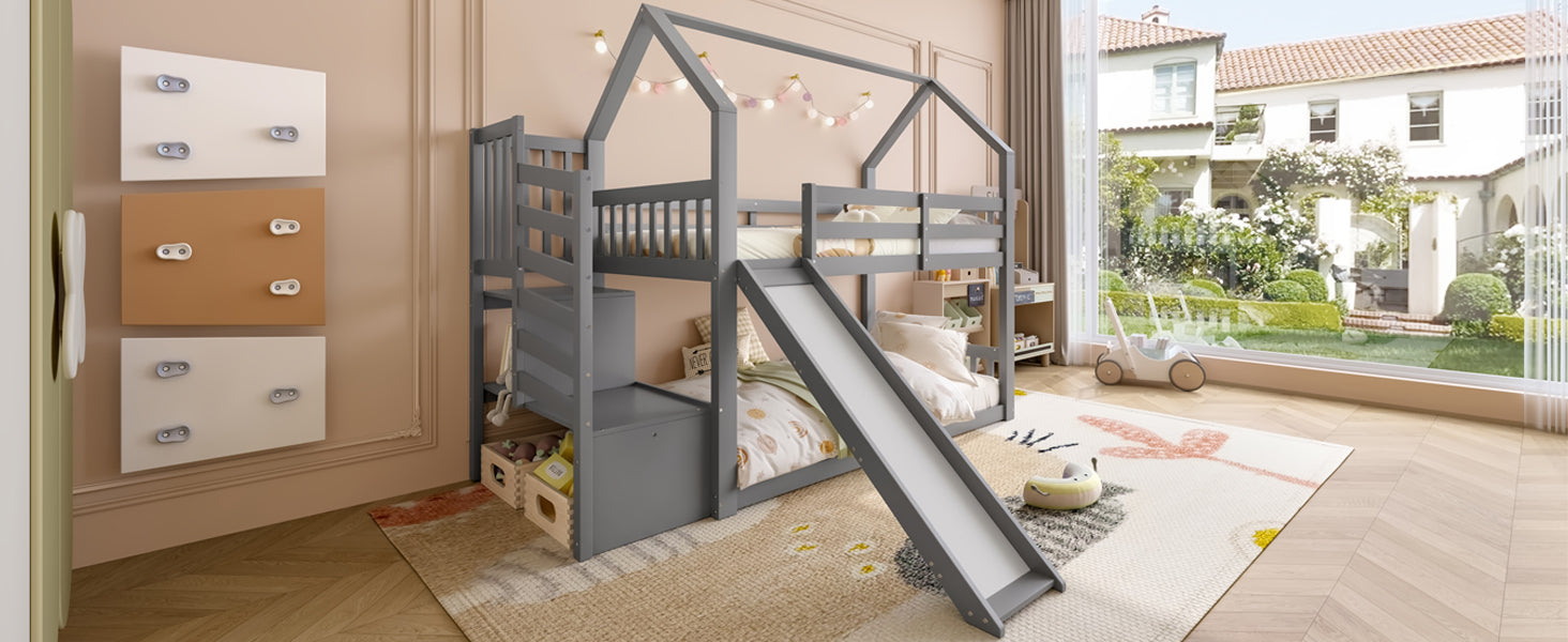 Logidon stapelbed grijs 90x200 met opbergtrap en glijbaan