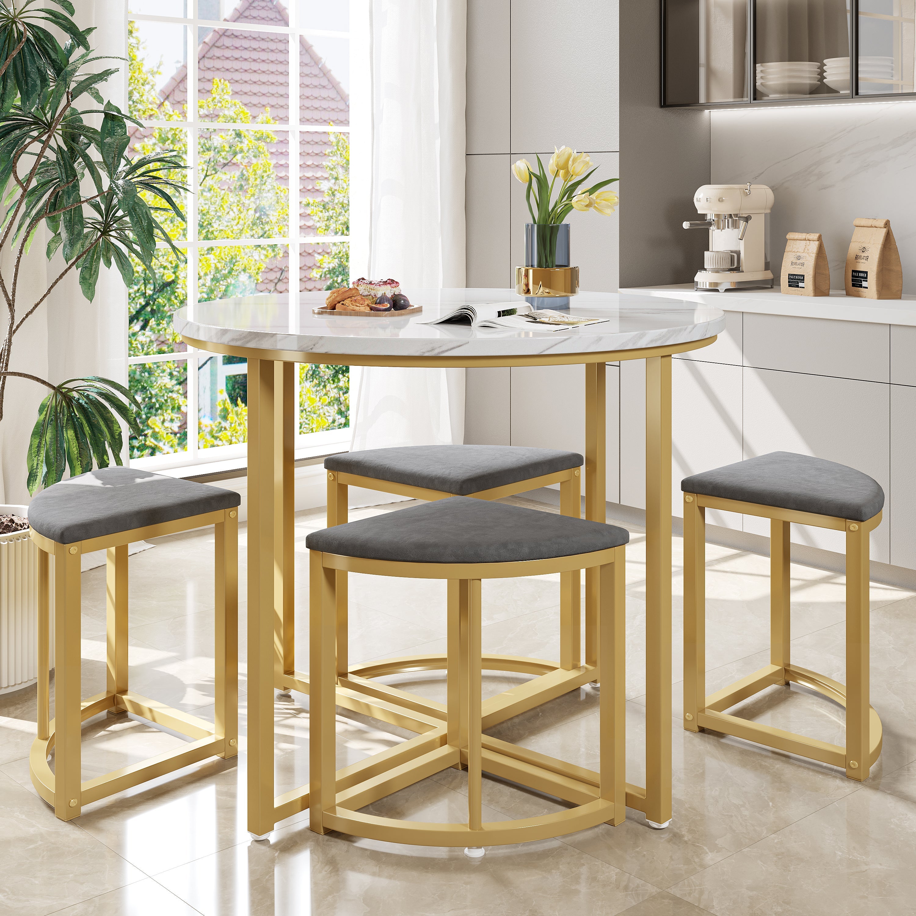 Logidon eettafelset grijs fluweel, 80x80 cm, gouden frame, 4 stoelen